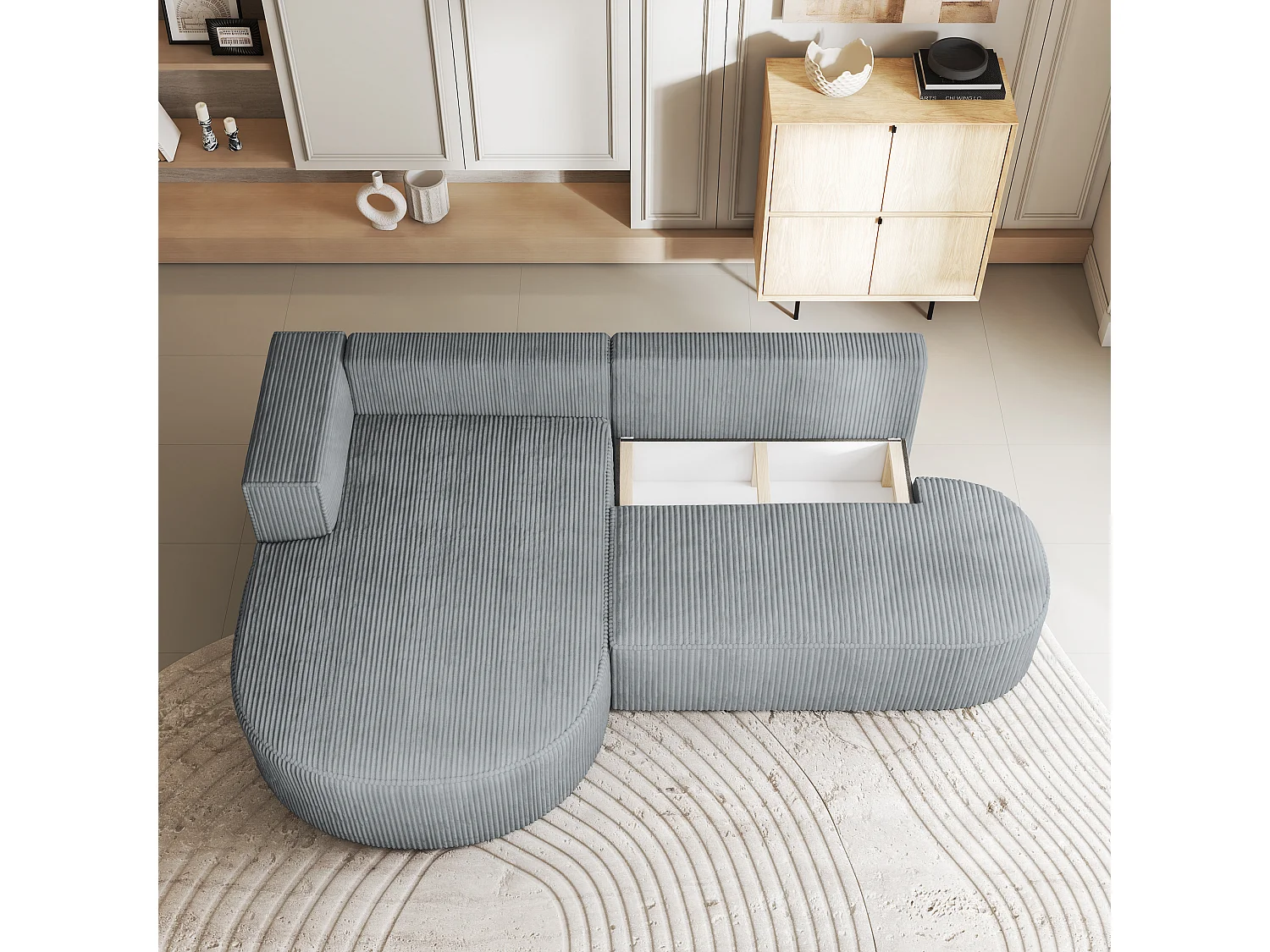 Canapé d'angle CORTIO Gris clair en velours côtelé avec fonction de couchage