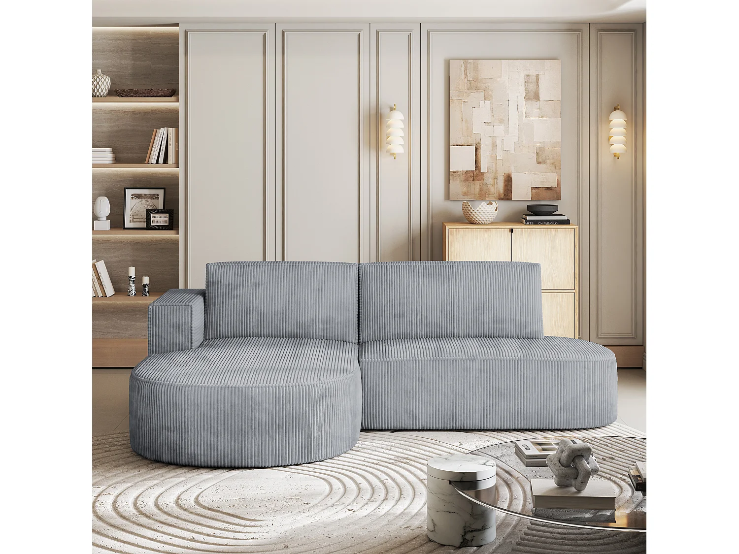 Canapé d'angle CORTIO Gris clair en velours côtelé avec fonction de couchage