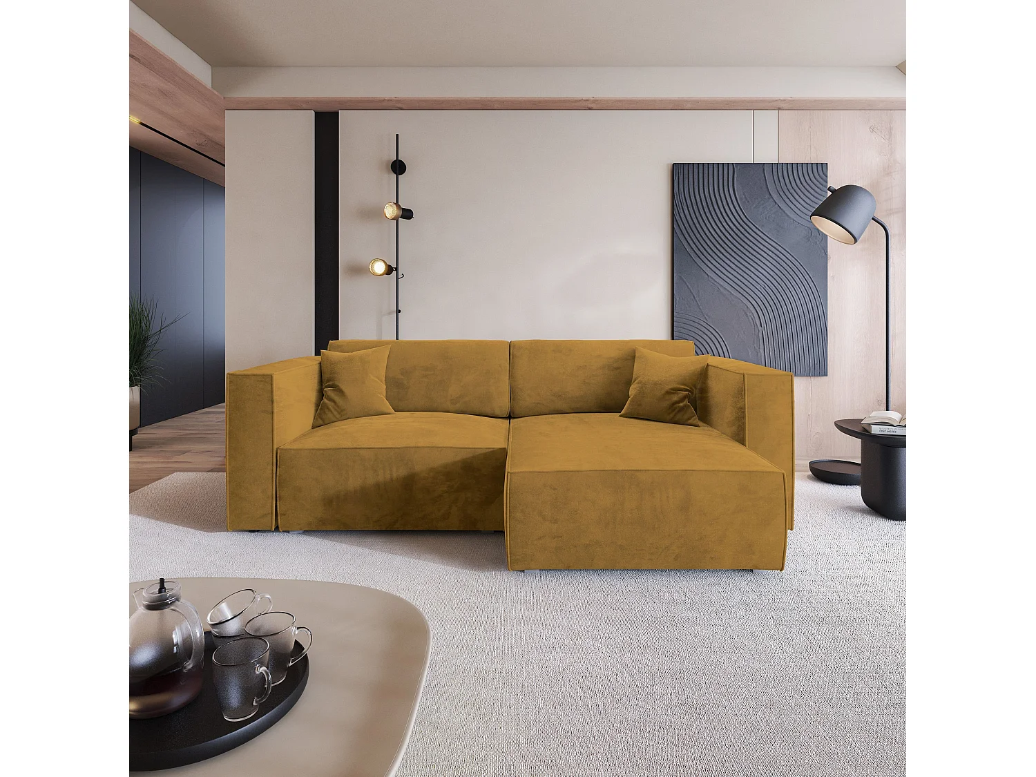 Canapé d'angle NERIO Jaune en velours avec fonction de couchage