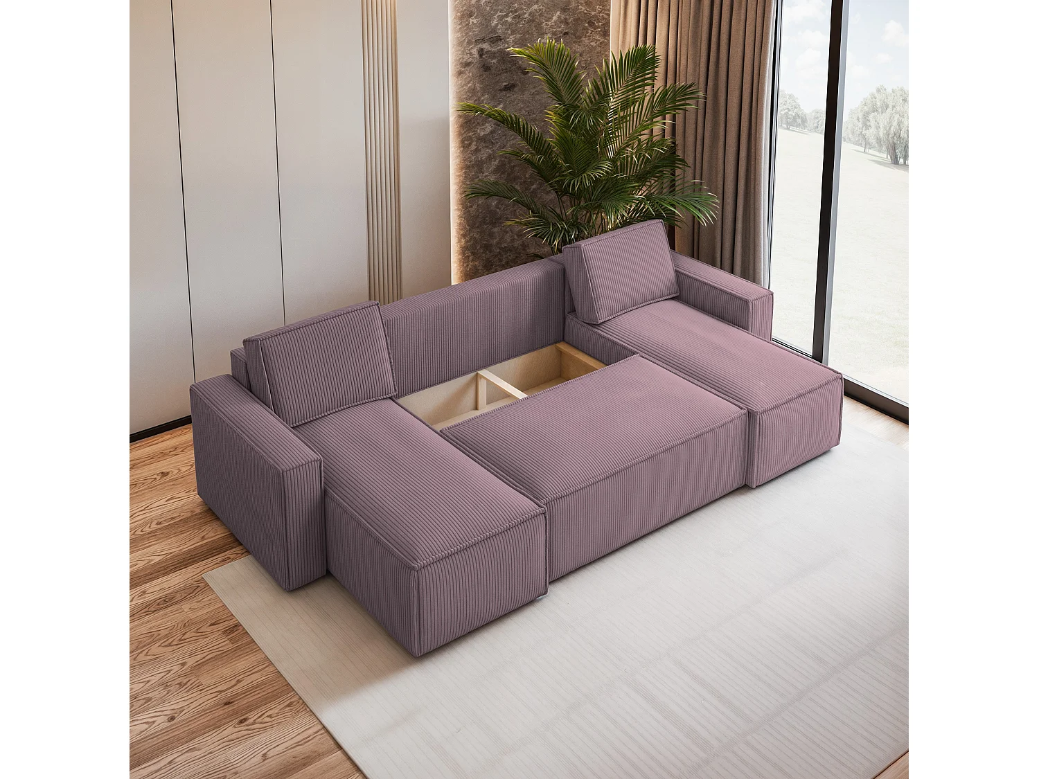 Canapé d'angle PESANO Parme en velours côtelé avec fonction de couchage