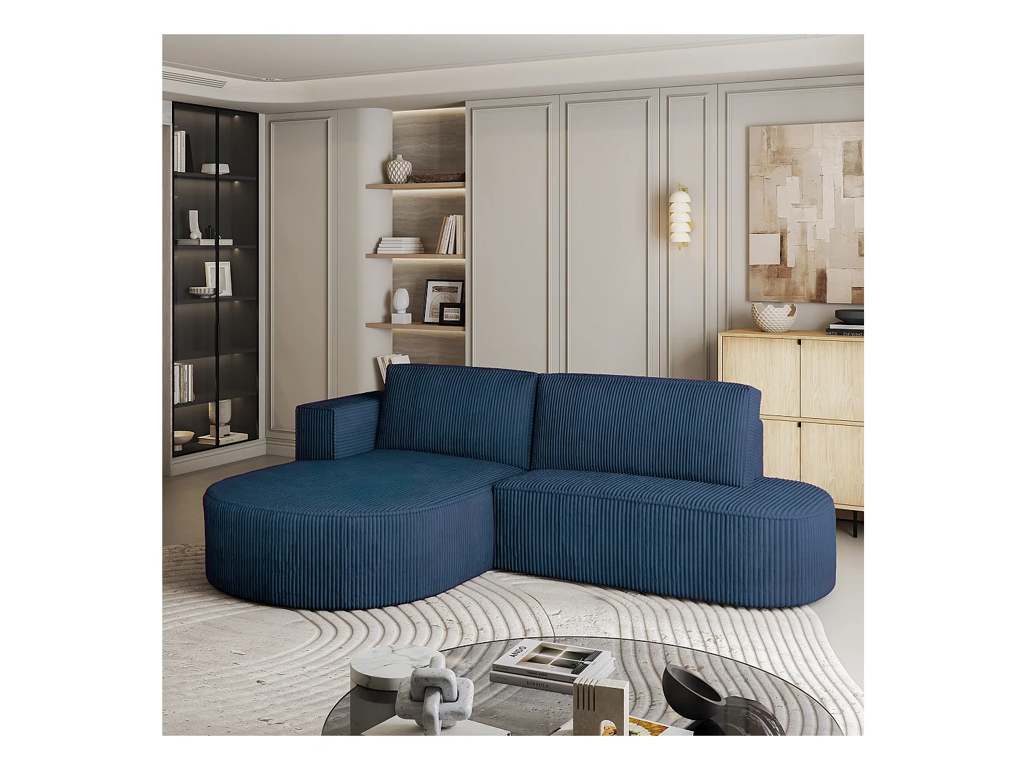 Canapé d'angle CORTIO Bleu en velours côtelé avec fonction de couchage