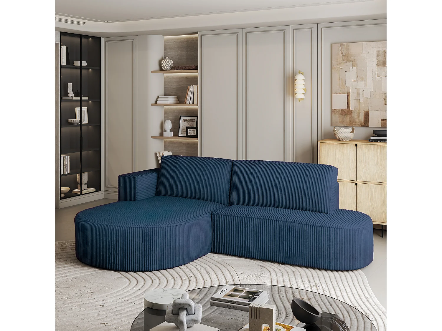 Canapé d'angle CORTIO Bleu en velours côtelé avec fonction de couchage