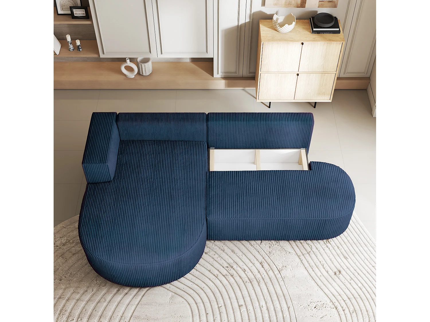 Canapé d'angle CORTIO Bleu en velours côtelé avec fonction de couchage