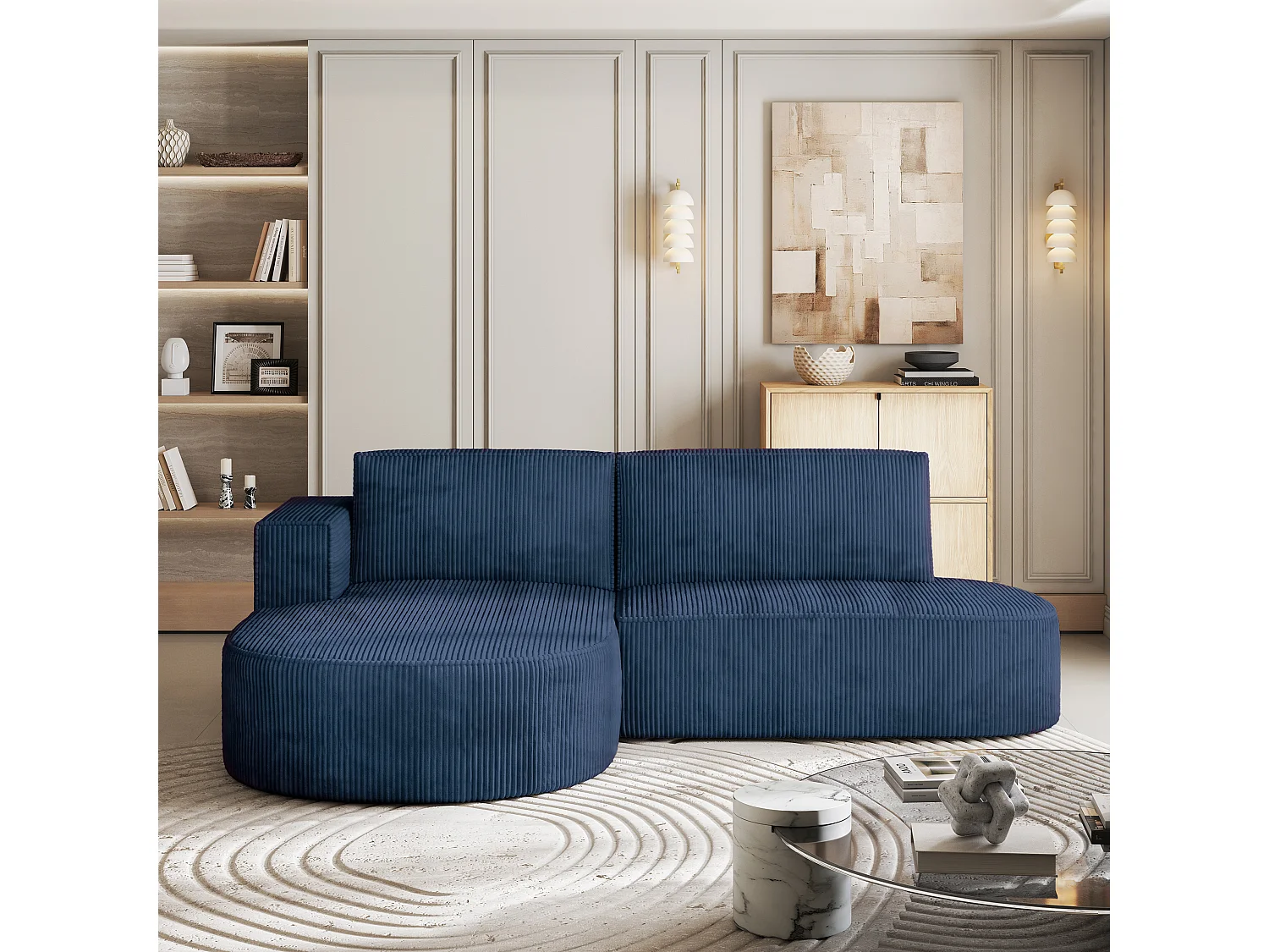 Canapé d'angle CORTIO Bleu en velours côtelé avec fonction de couchage