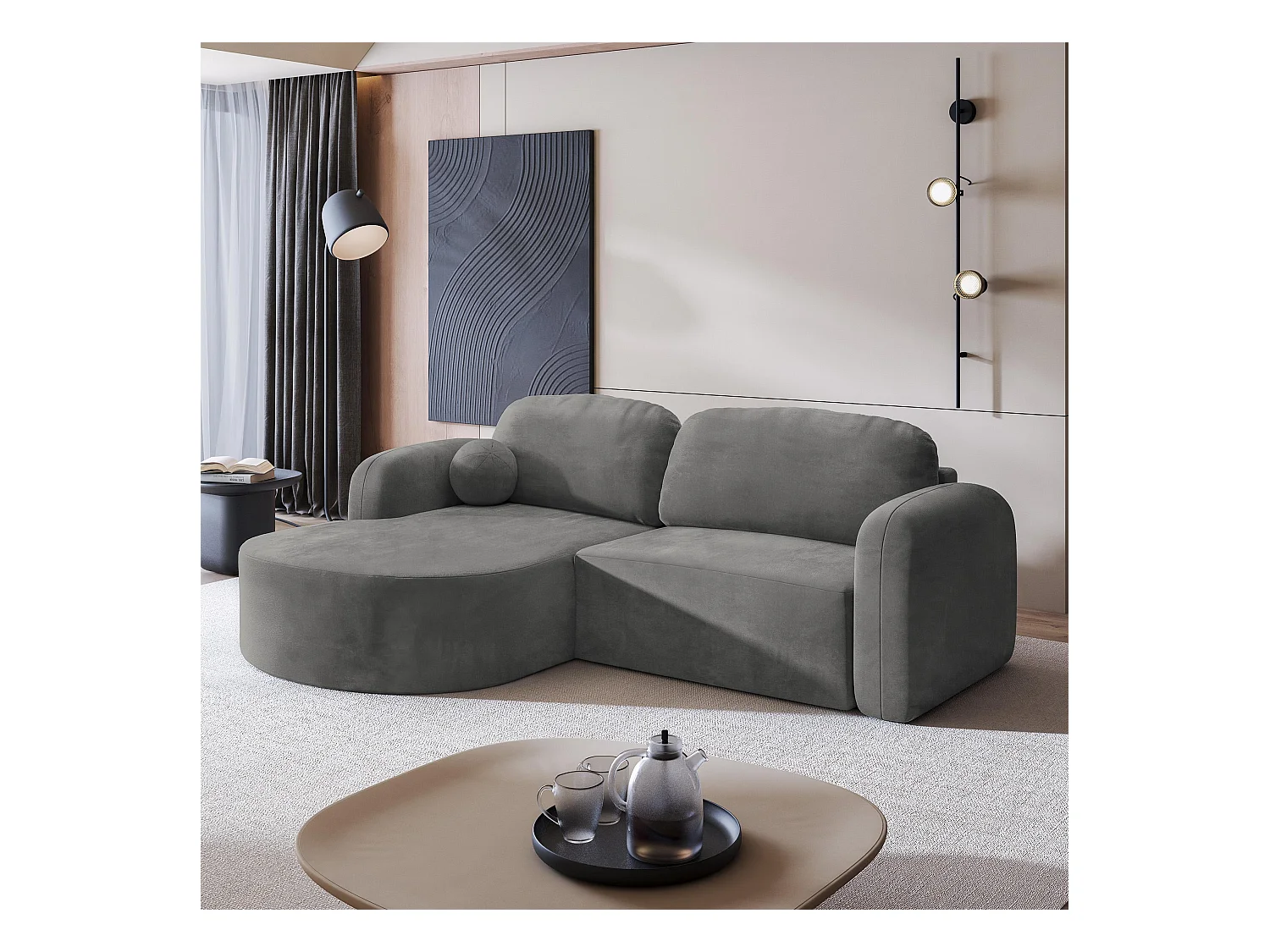 Canapé d'angle AMILIA Gris en velours avec fonction de couchage