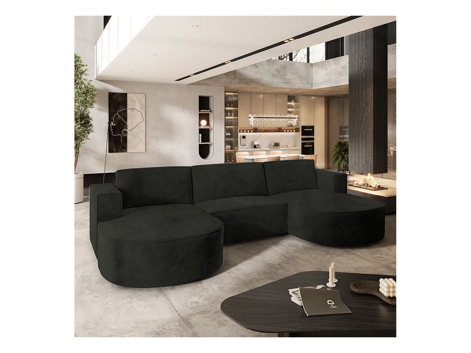 Canapé d'angle VEZZO Noir en velours avec fonction de couchage