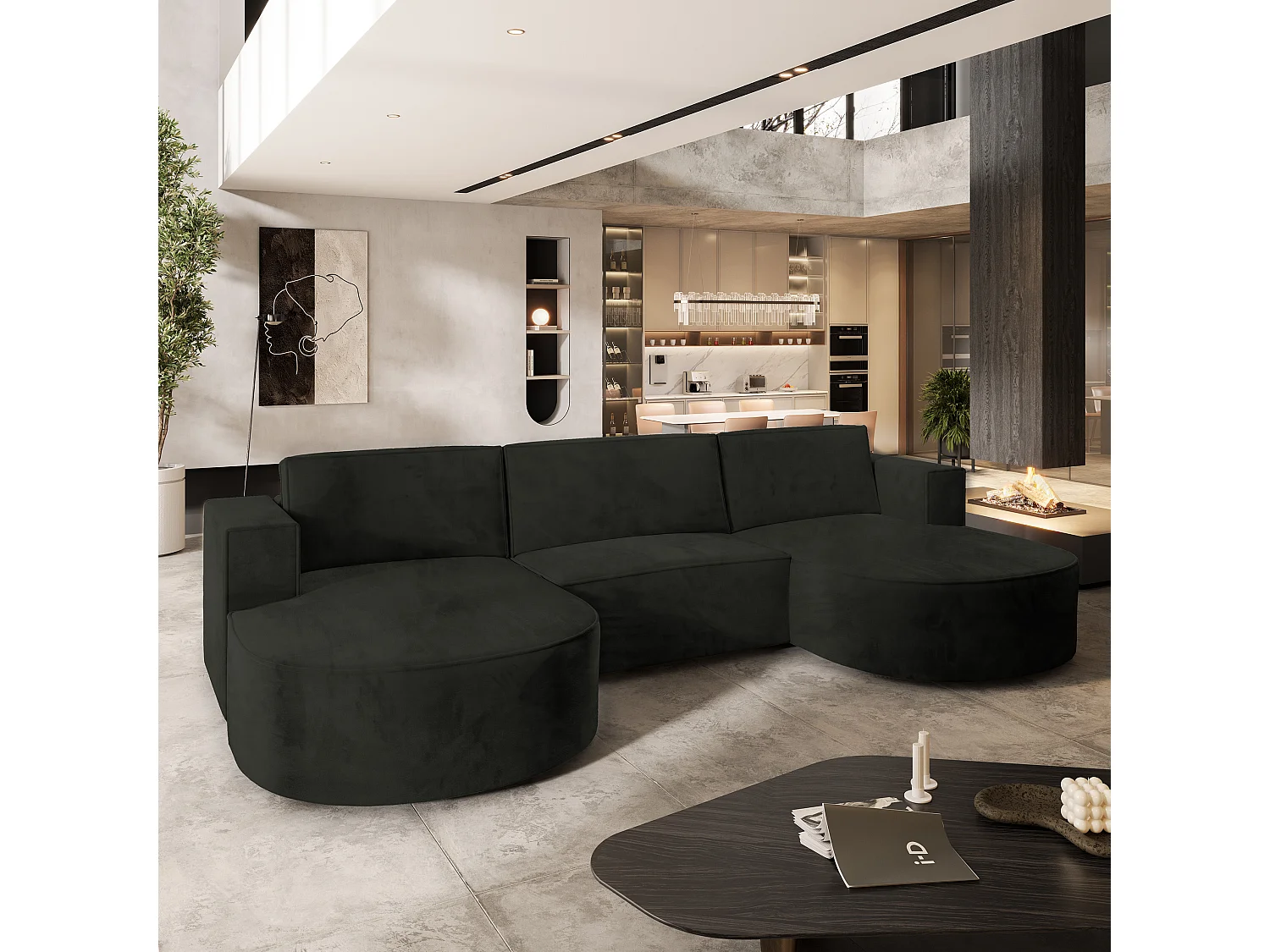 Canapé d'angle VEZZO Noir en velours avec fonction de couchage