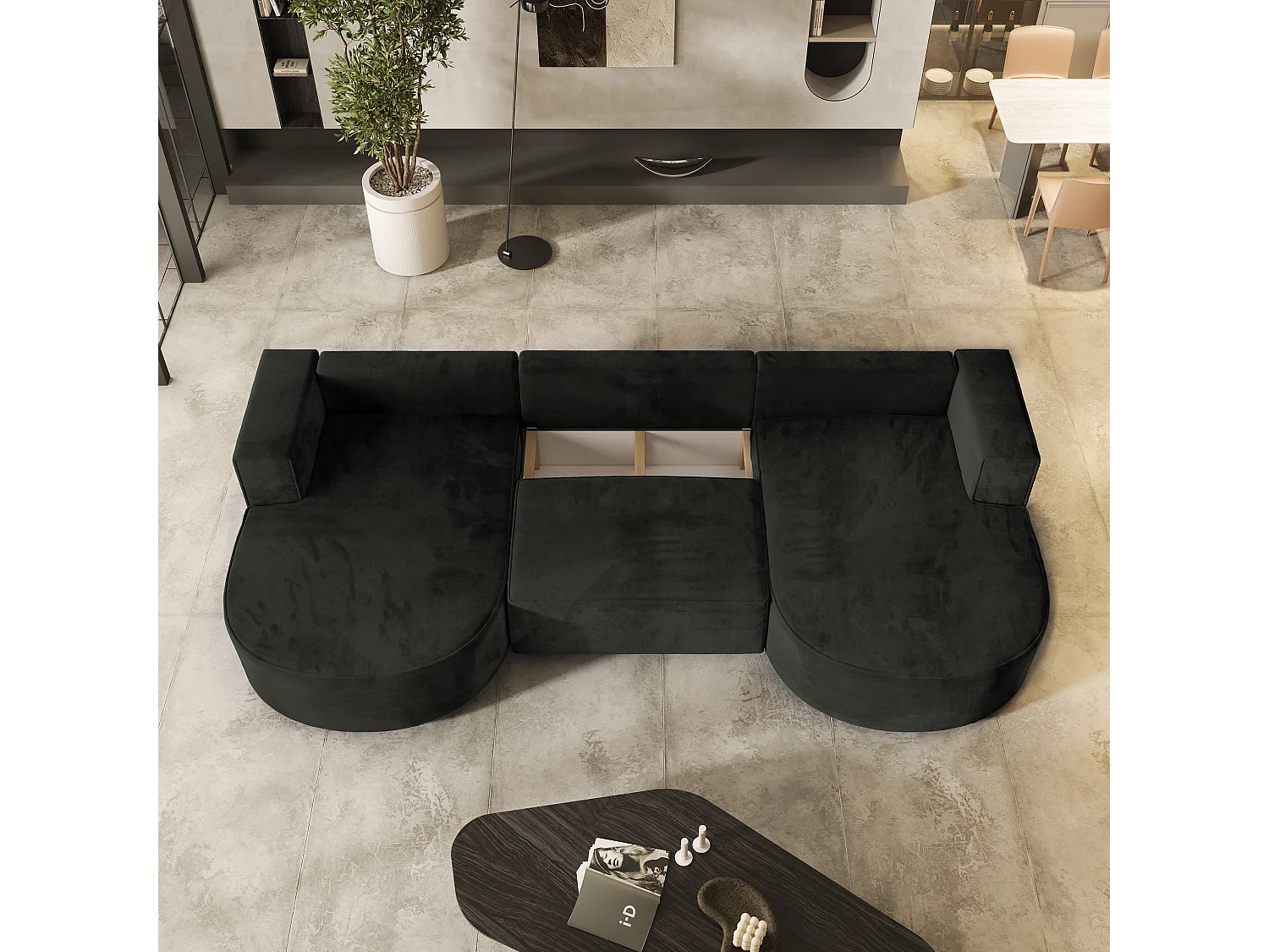 Canapé d'angle VEZZO Noir en velours avec fonction de couchage