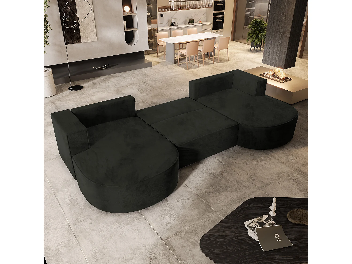 Canapé d'angle VEZZO Noir en velours avec fonction de couchage