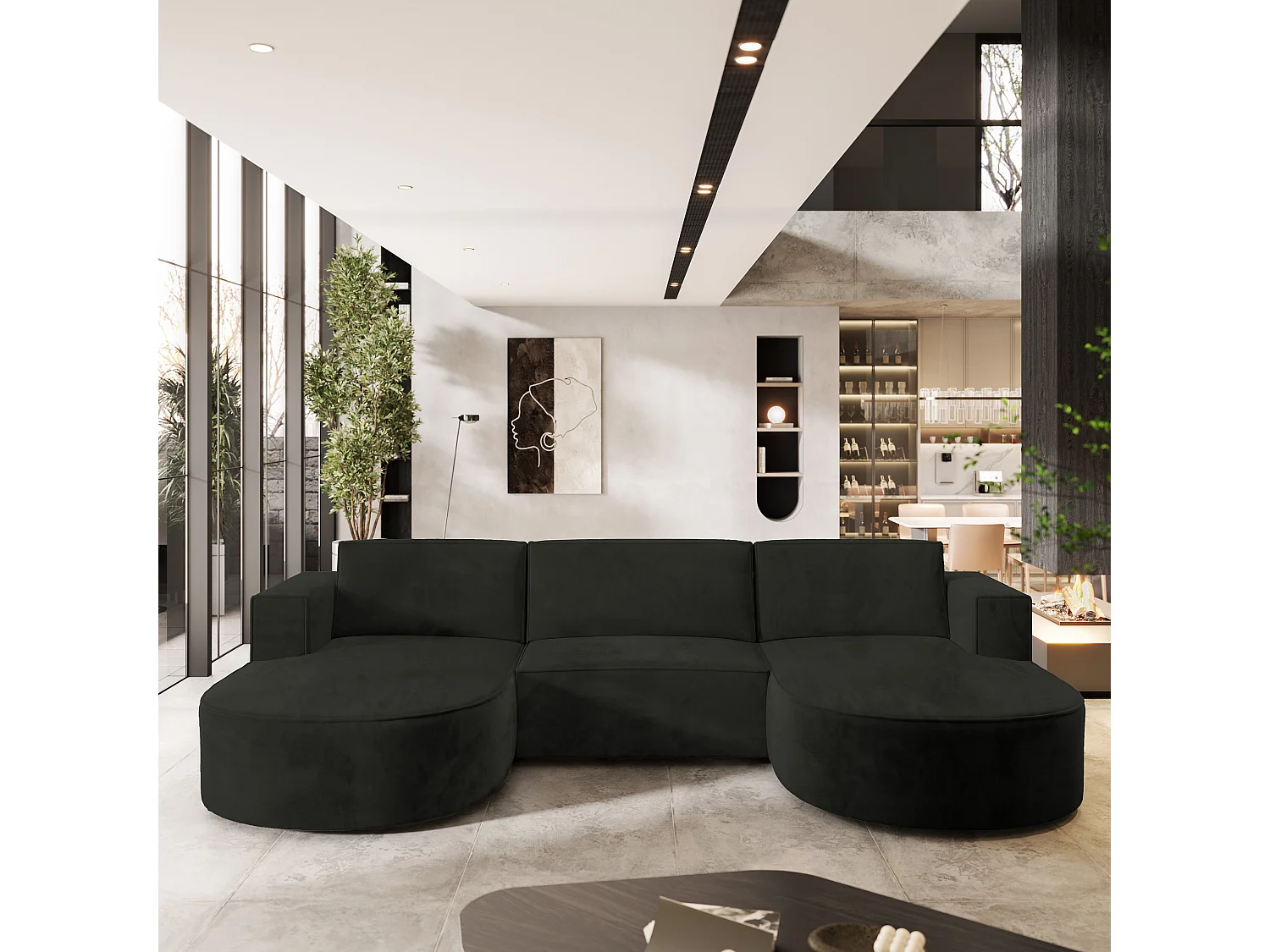 Canapé d'angle VEZZO Noir en velours avec fonction de couchage