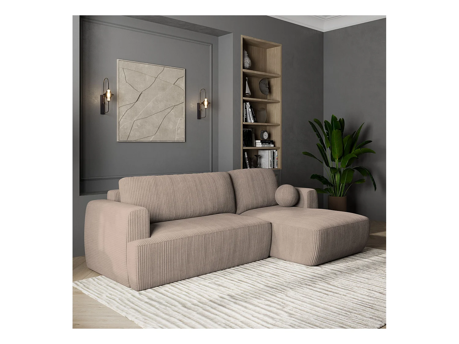 Canapé d'angle SENTI Beige en velours côtelé avec fonction de couchage