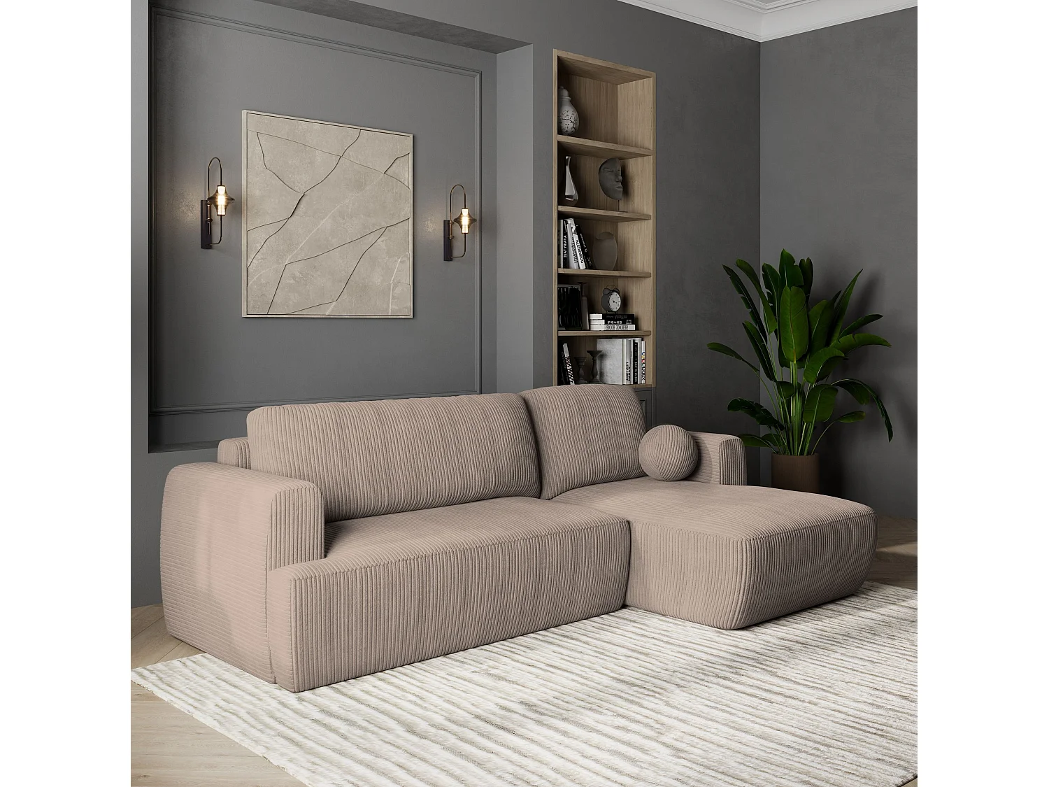 Canapé d'angle SENTI Beige en velours côtelé avec fonction de couchage