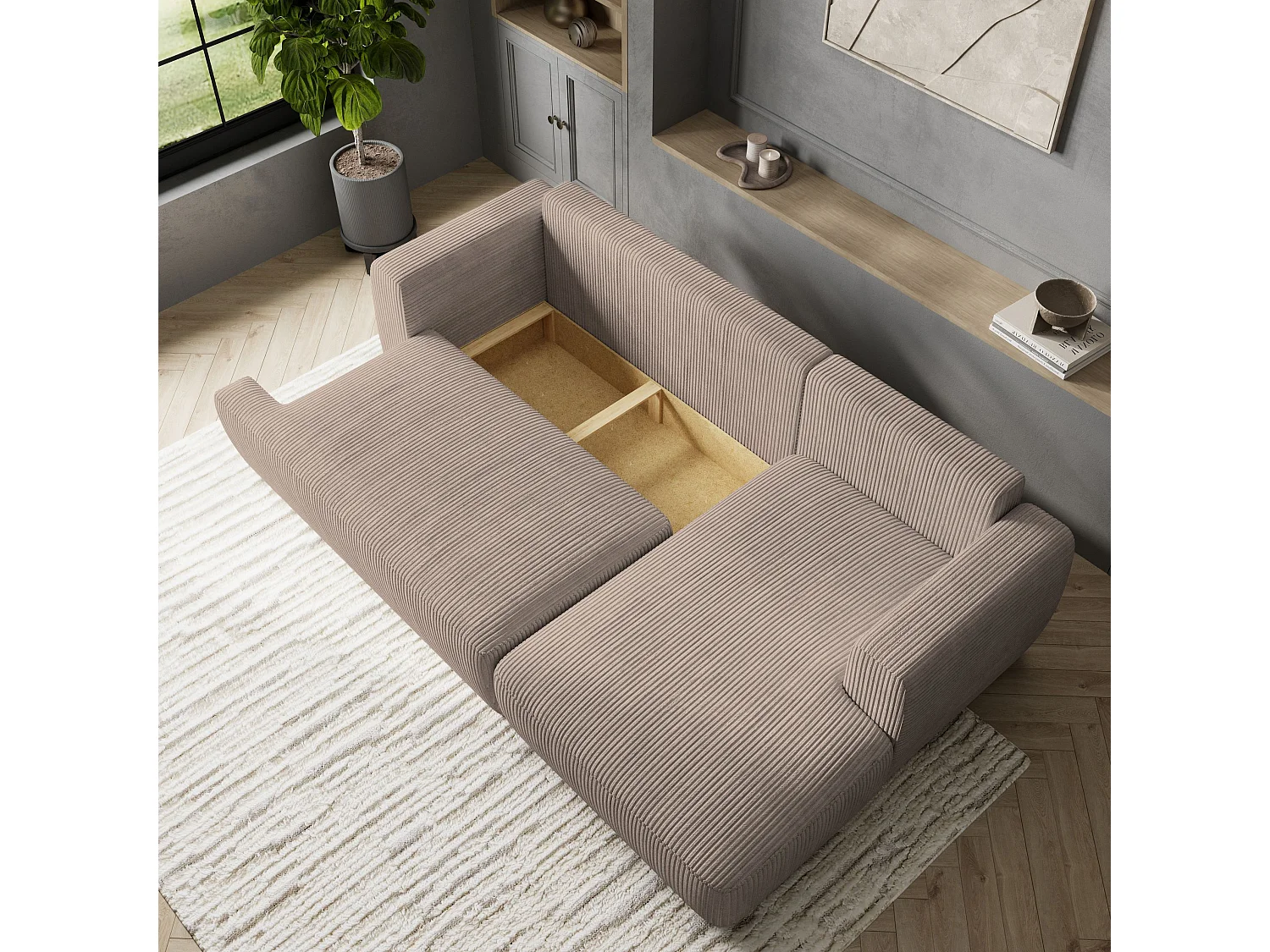 Canapé d'angle SENTI Beige en velours côtelé avec fonction de couchage