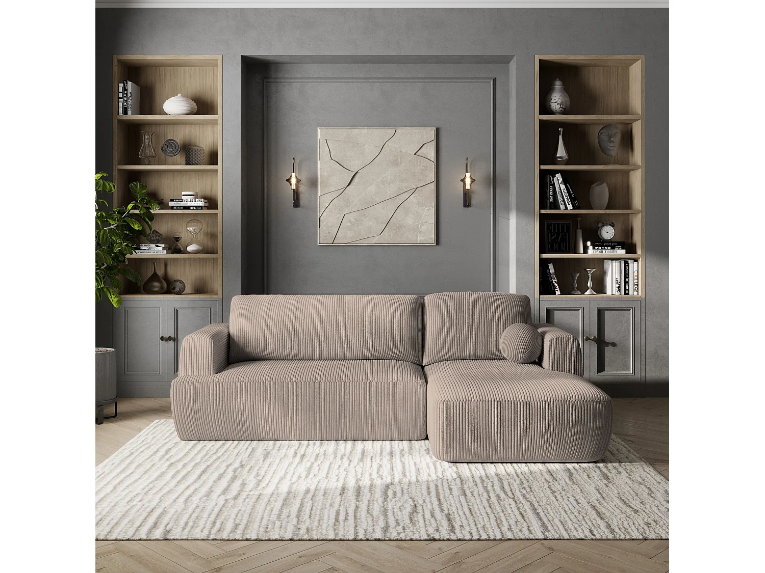 Canapé d'angle SENTI Beige en velours côtelé avec fonction de couchage