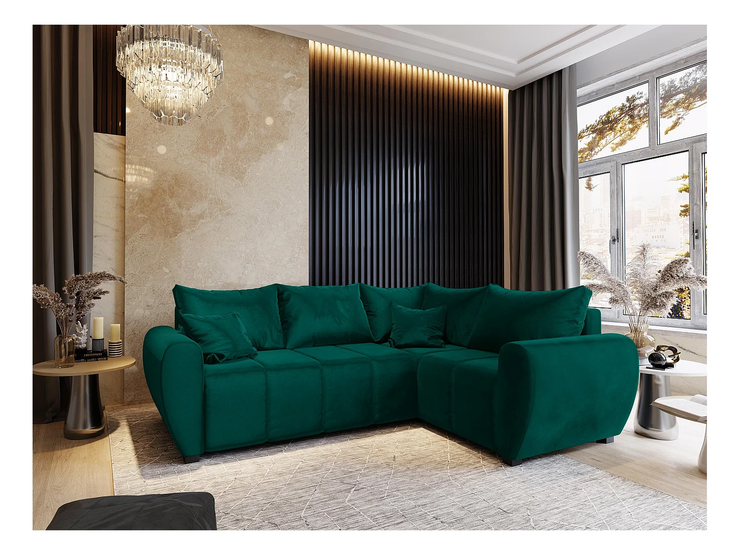 Canapé d'angle MADISON Vert Sapin en peluche avec fonction de couchage