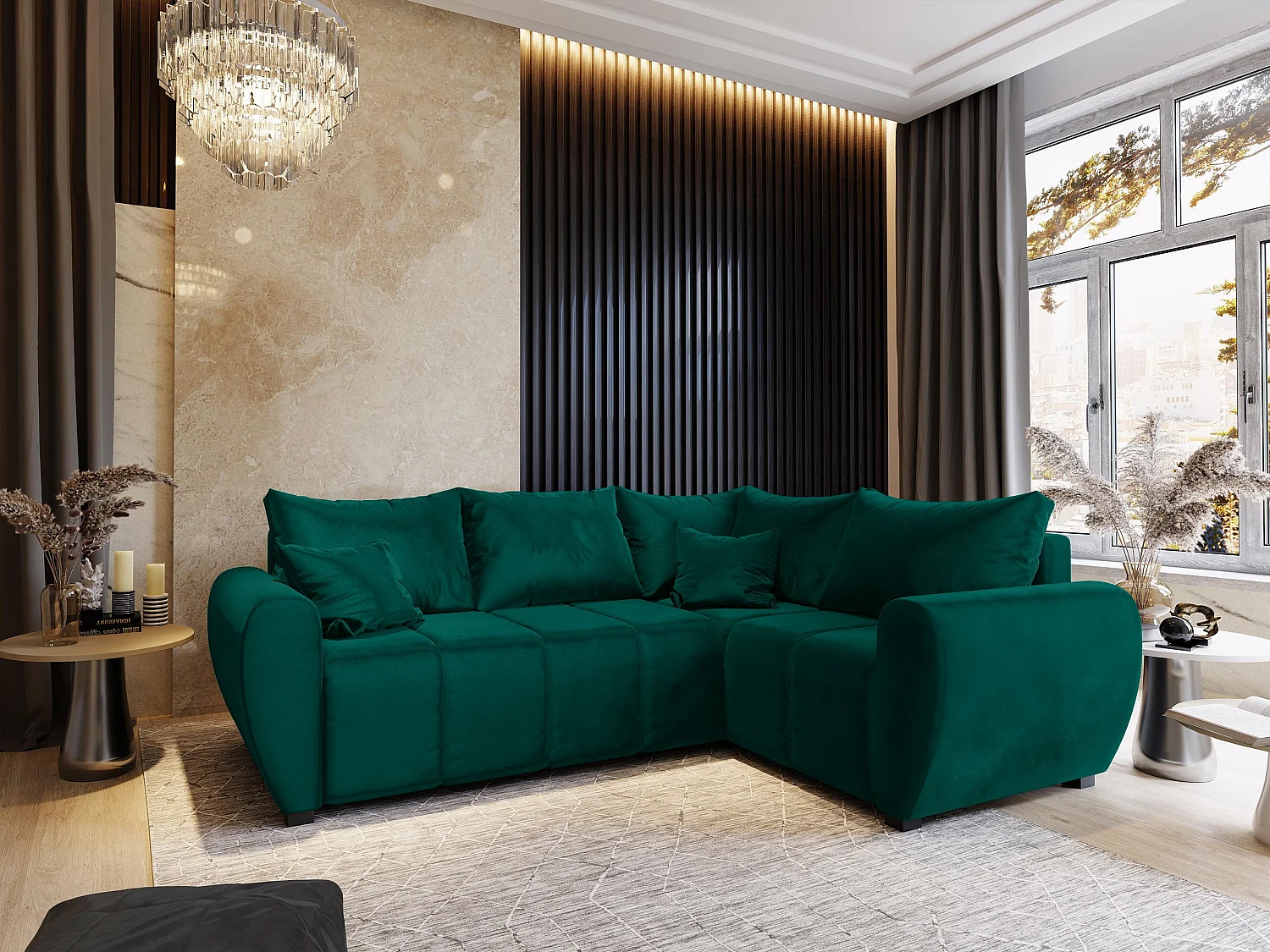 Canapé d'angle MADISON Vert Sapin en peluche avec fonction de couchage