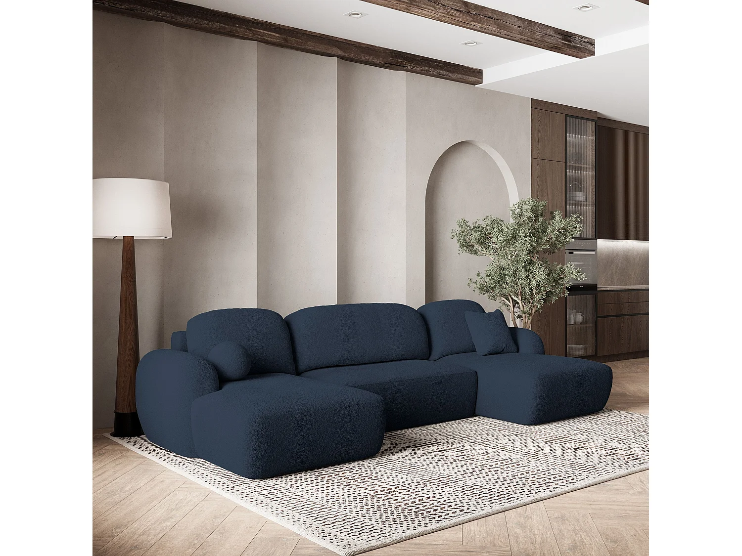 Canapé d'angle SAVONA Bleu en bouclé avec fonction de couchage