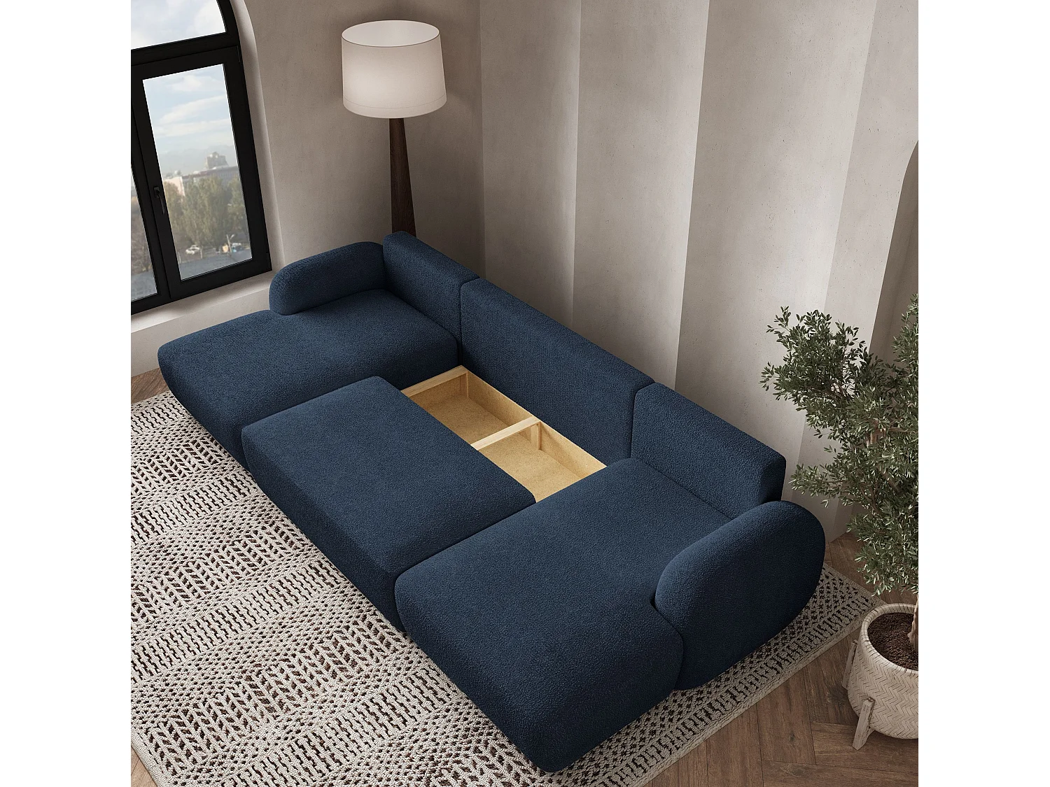 Canapé d'angle SAVONA Bleu en bouclé avec fonction de couchage