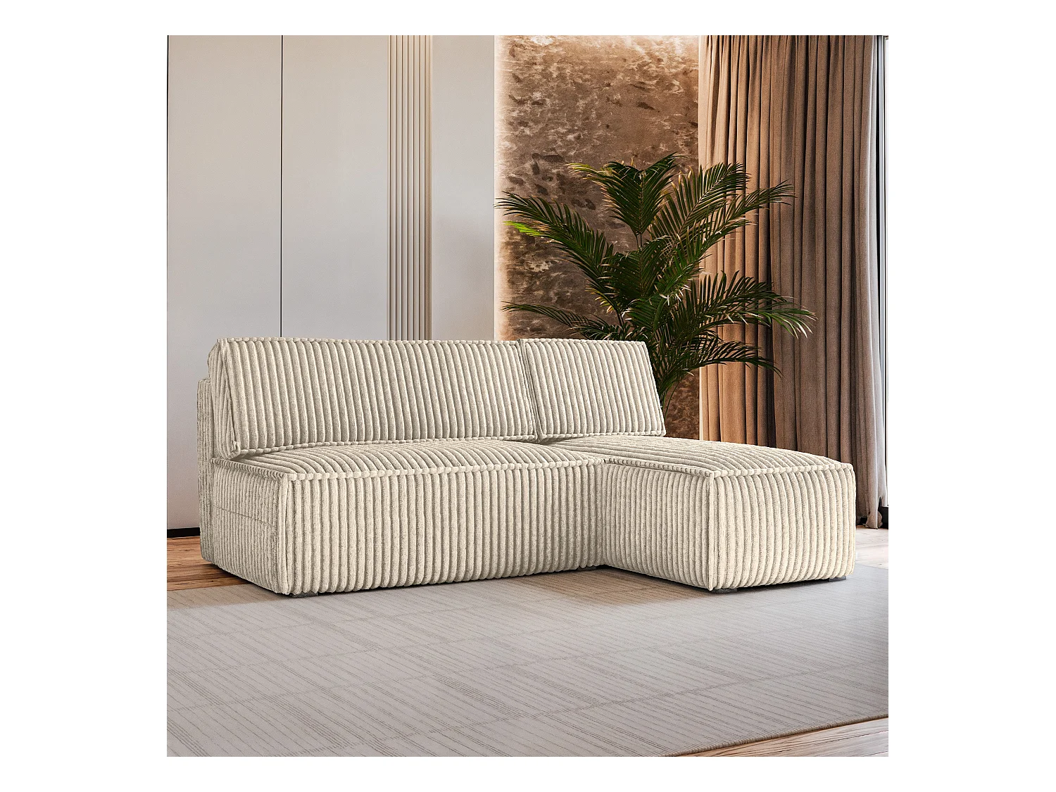 Canapé d'angle BRISO Crème en velours côtelé avec fonction de couchage