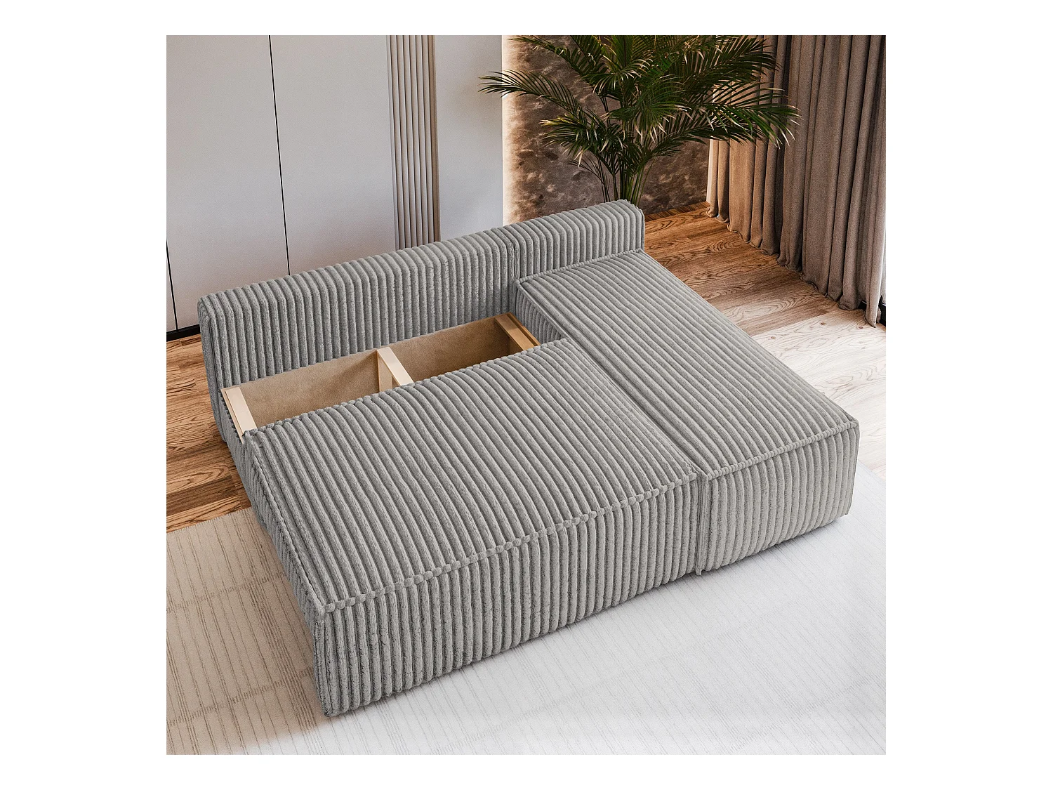 Canapé d'angle BRISO Crème en velours côtelé avec fonction de couchage