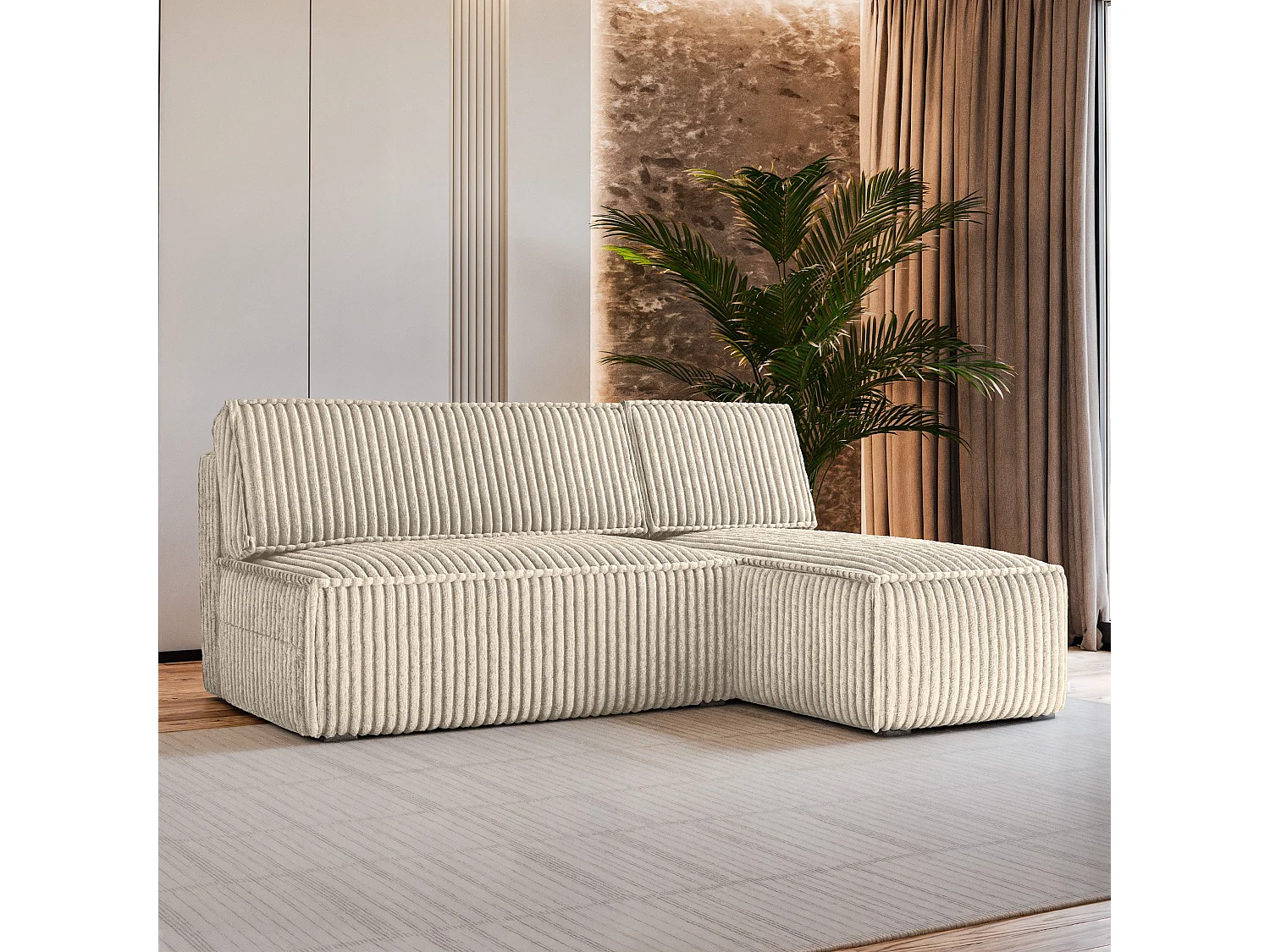 Canapé d'angle BRISO Crème en velours côtelé avec fonction de couchage