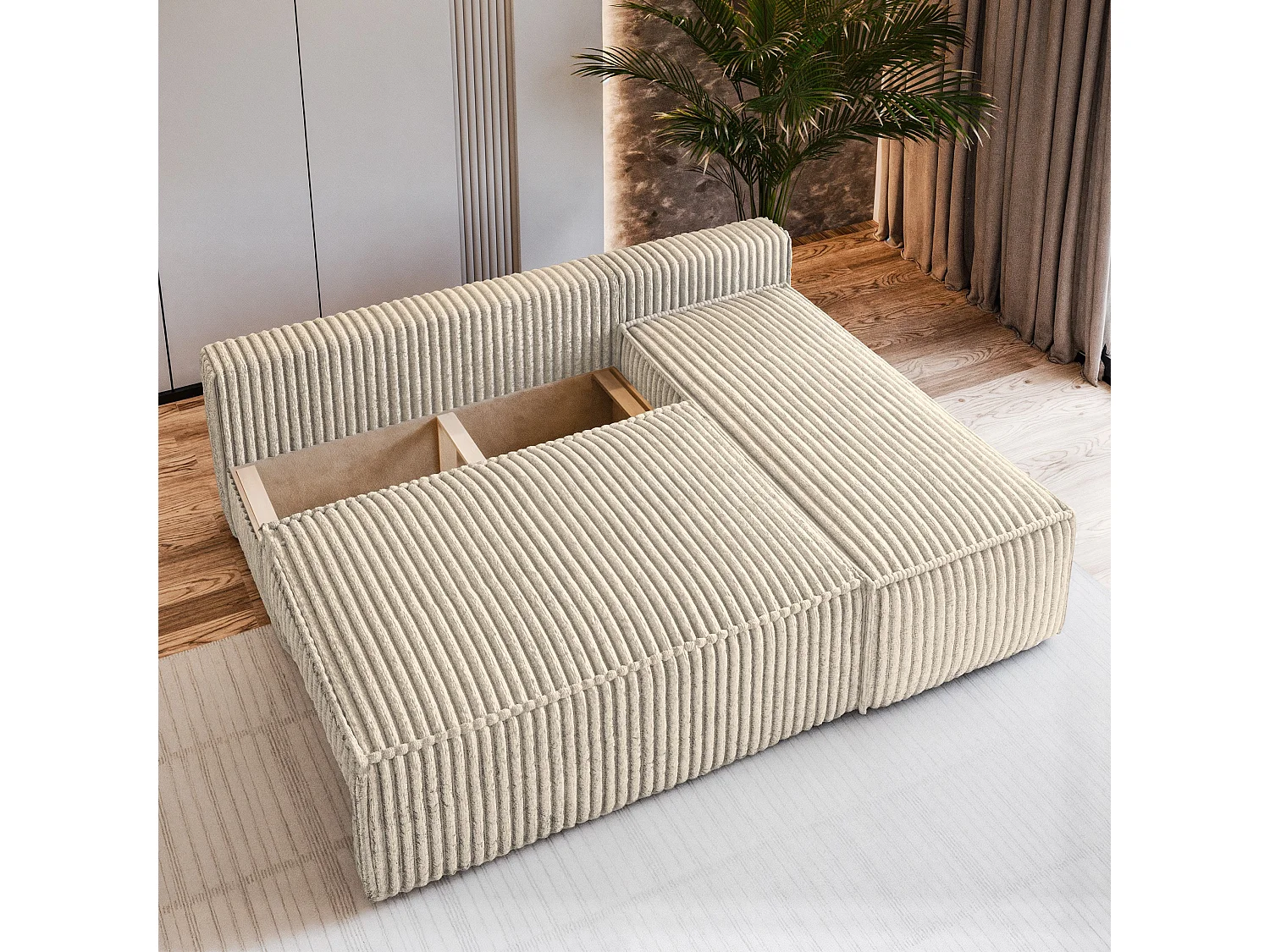 Canapé d'angle BRISO Crème en velours côtelé avec fonction de couchage