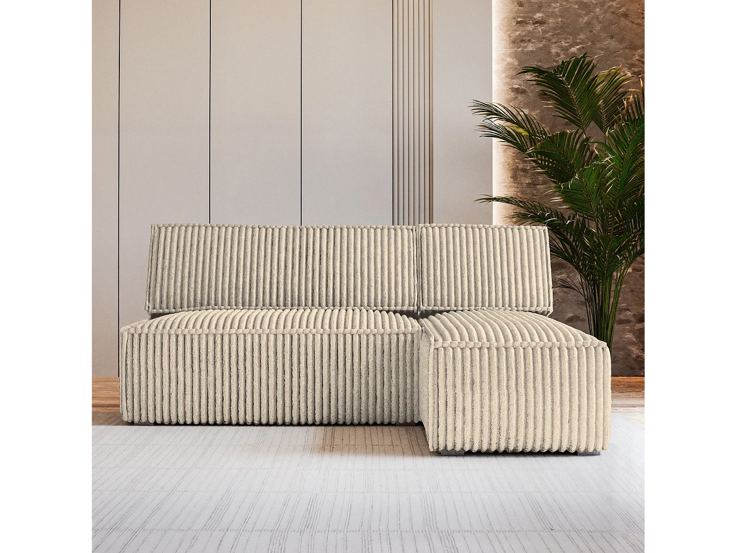 Canapé d'angle BRISO Crème en velours côtelé avec fonction de couchage