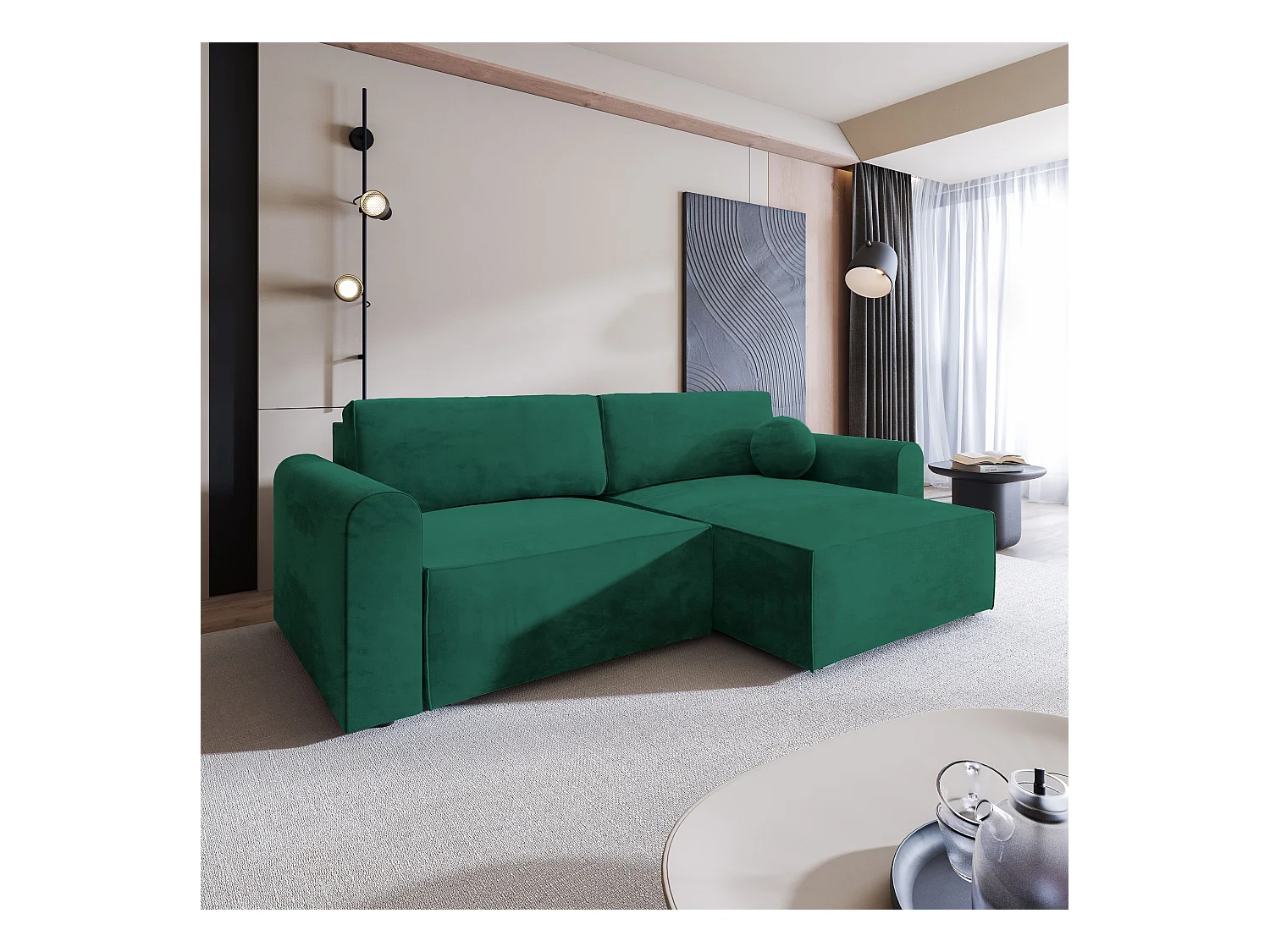 Canapé d'angle FIANO Vert Sapin en velours avec fonction de couchage