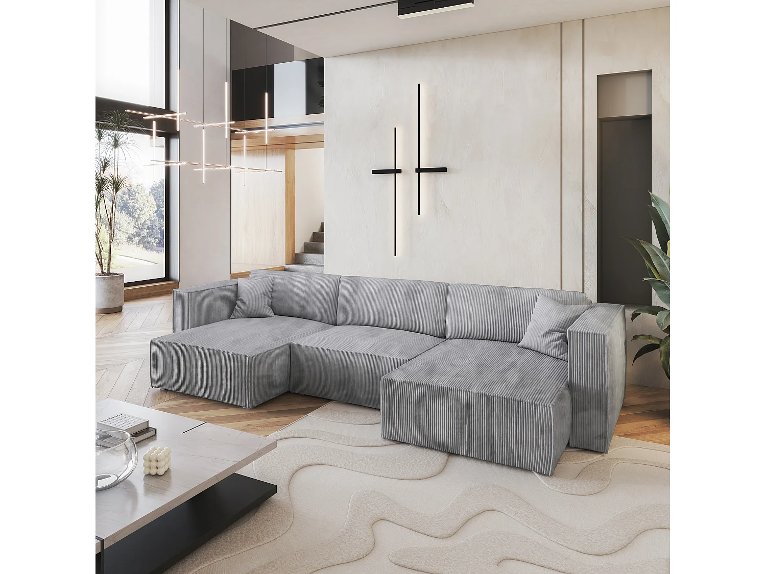 Canapé d'angle SARMO Gris clair en velours côtelé avec fonction de couchage