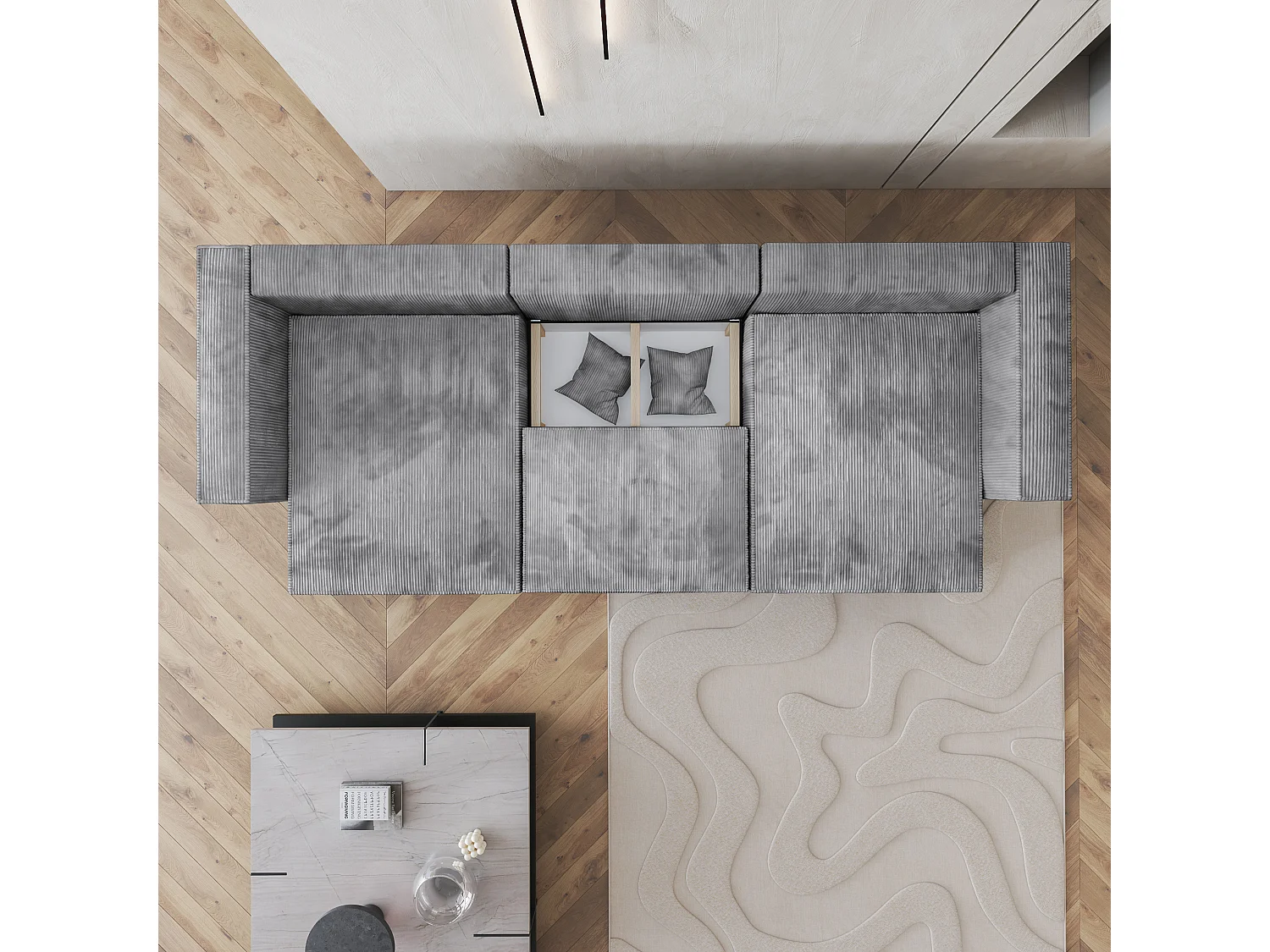 Canapé d'angle SARMO Gris clair en velours côtelé avec fonction de couchage