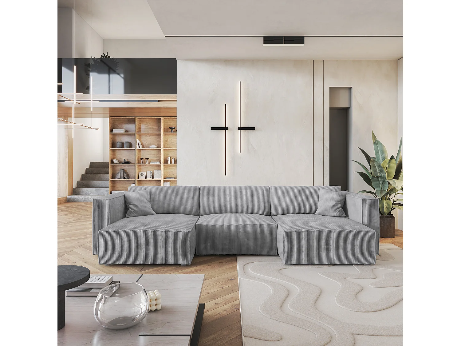 Canapé d'angle SARMO Gris clair en velours côtelé avec fonction de couchage