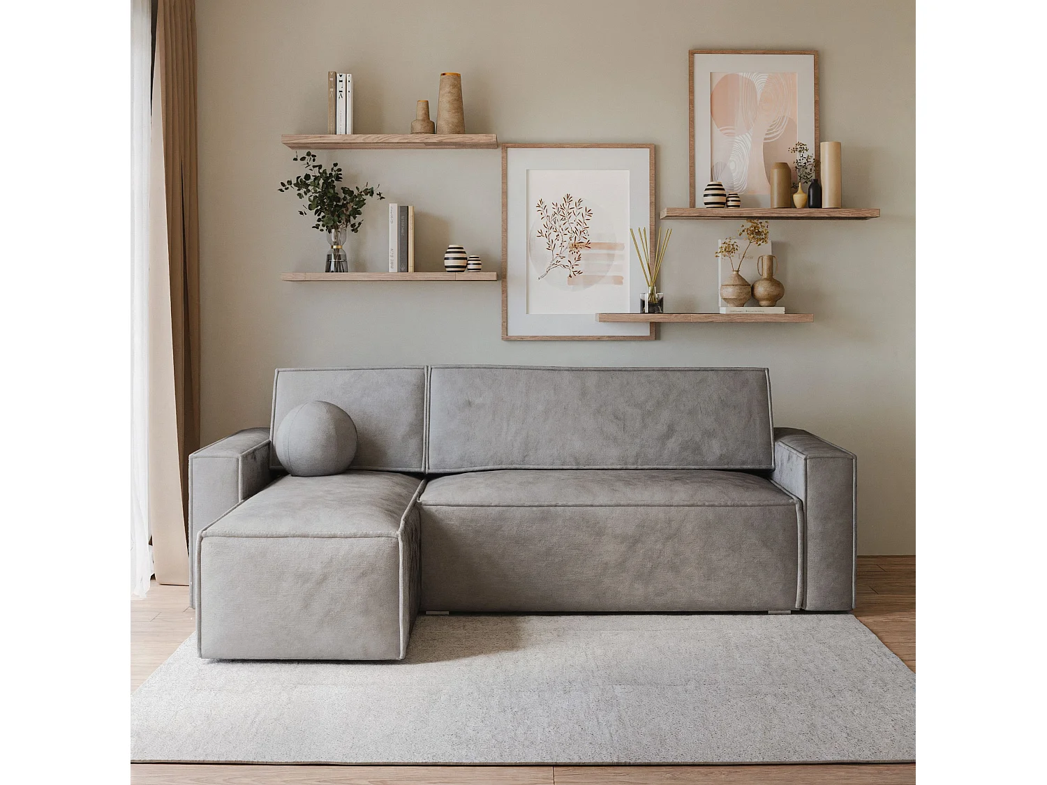 Canapé d'angle RAVELO Gris clair en velours avec fonction de couchage