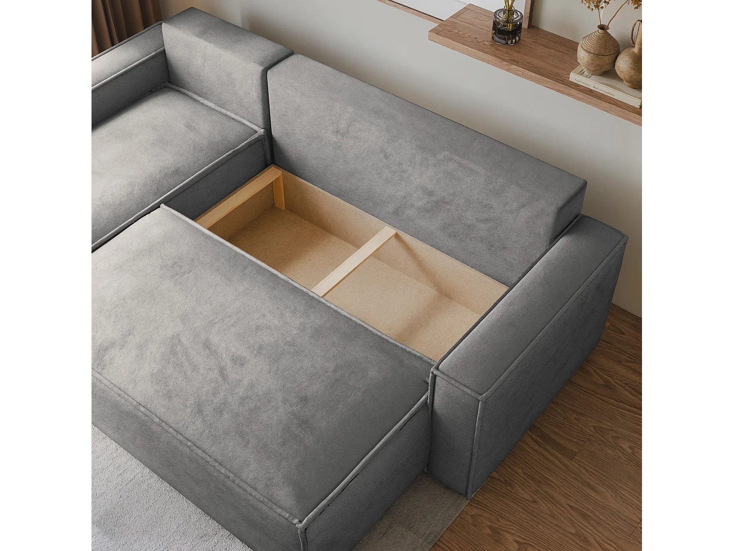 Canapé d'angle RAVELO Gris clair en velours avec fonction de couchage