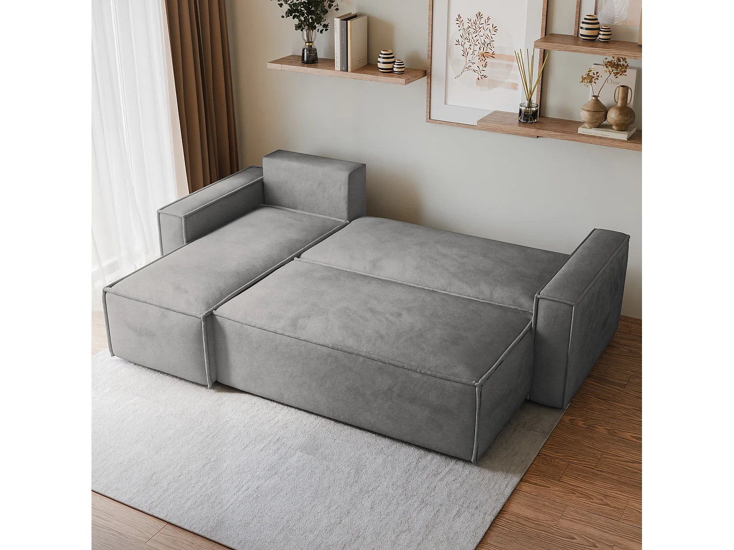 Canapé d'angle RAVELO Gris clair en velours avec fonction de couchage