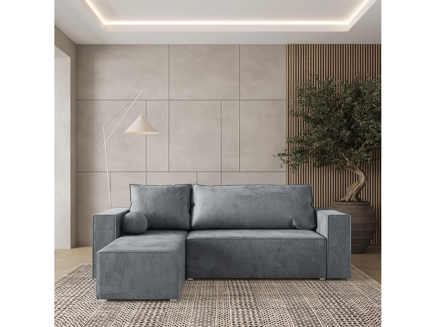 Canapé d'angle RAVELO Gris clair en velours avec fonction de couchage