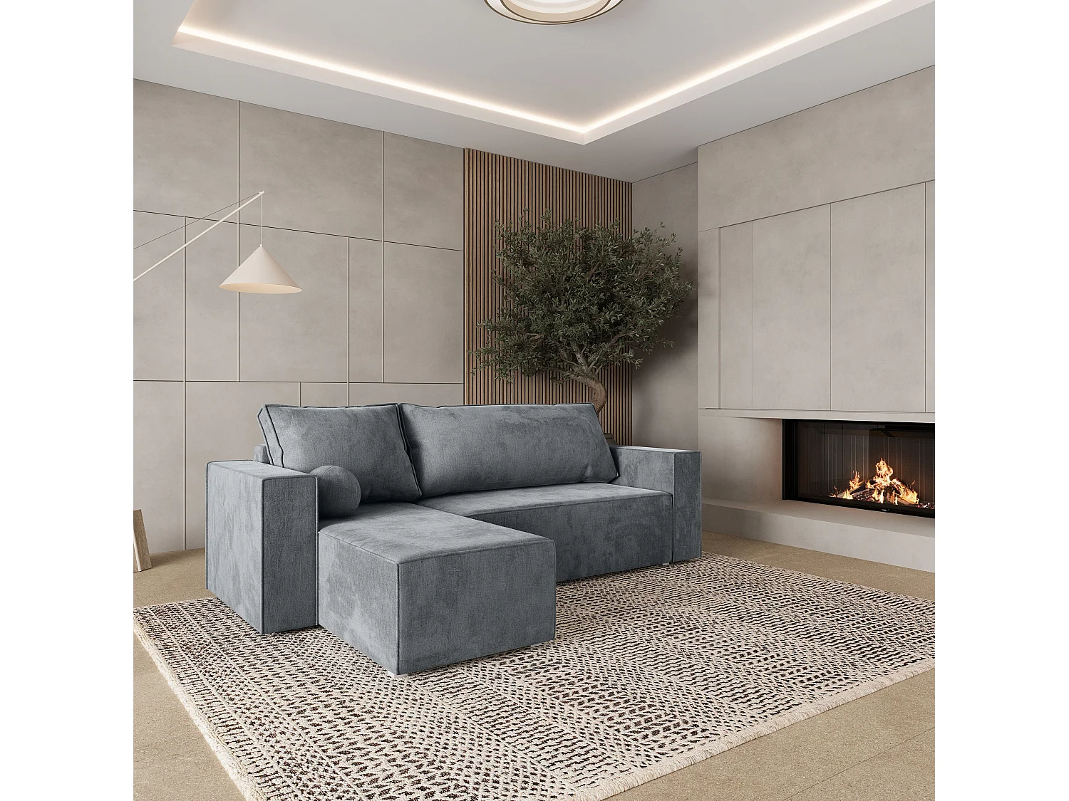 Canapé d'angle RAVELO Gris clair en velours avec fonction de couchage