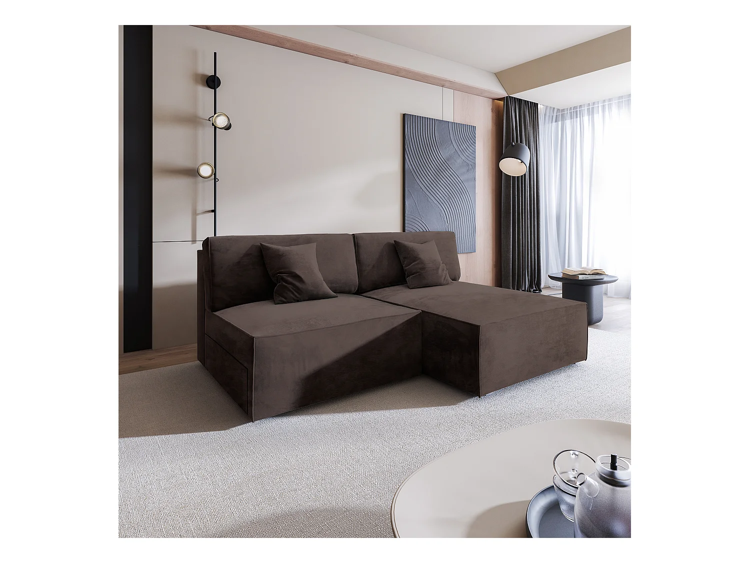 Canapé d'angle FIORO Marron en velours avec fonction de couchage
