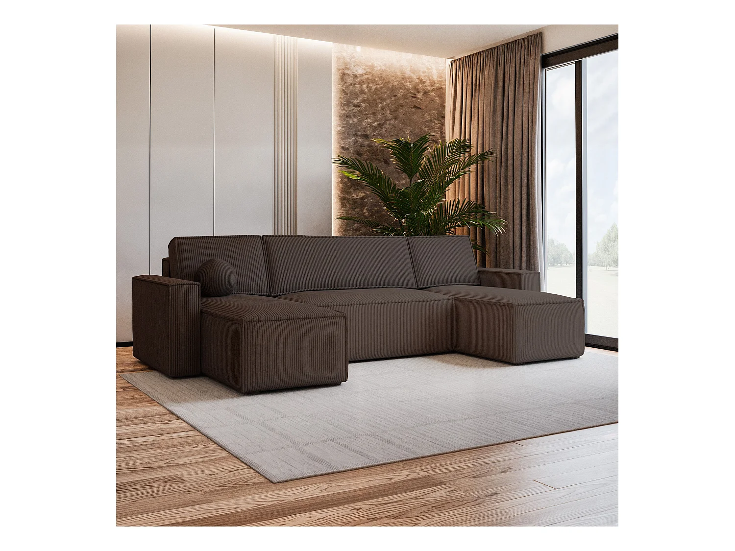 Canapé d'angle PESANO Marron en velours côtelé avec fonction de couchage