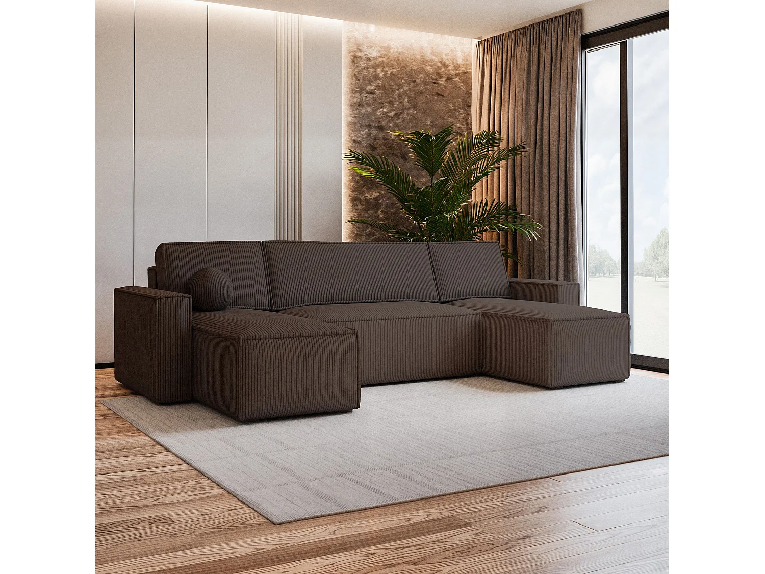 Canapé d'angle PESANO Marron en velours côtelé avec fonction de couchage