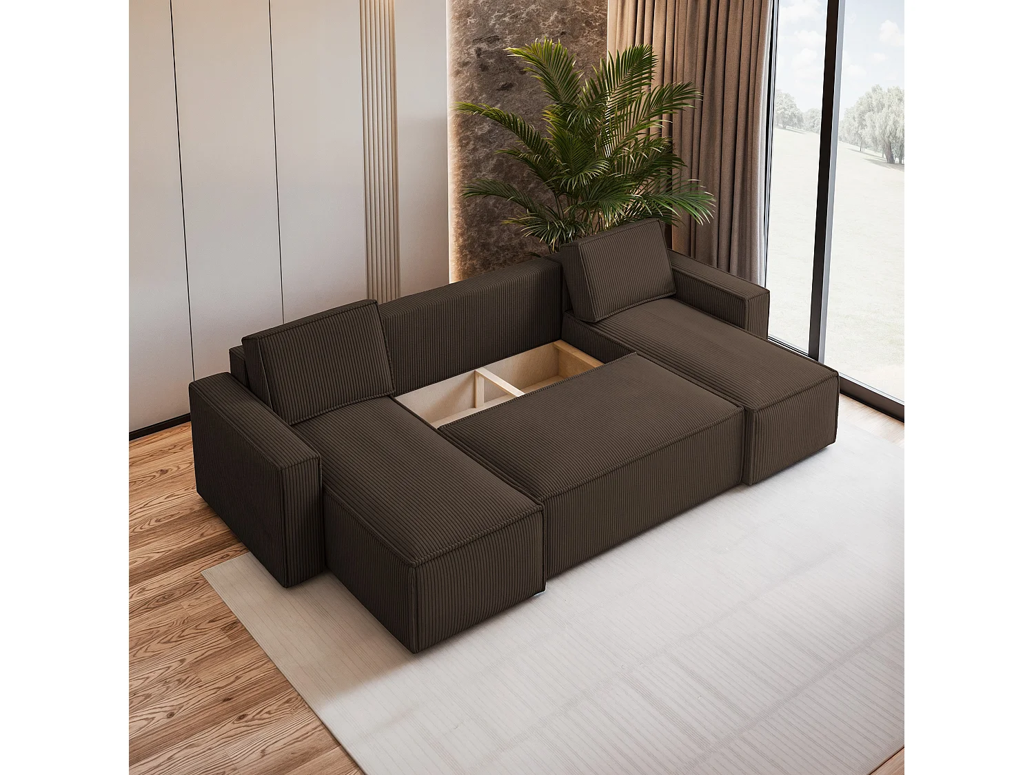 Canapé d'angle PESANO Marron en velours côtelé avec fonction de couchage