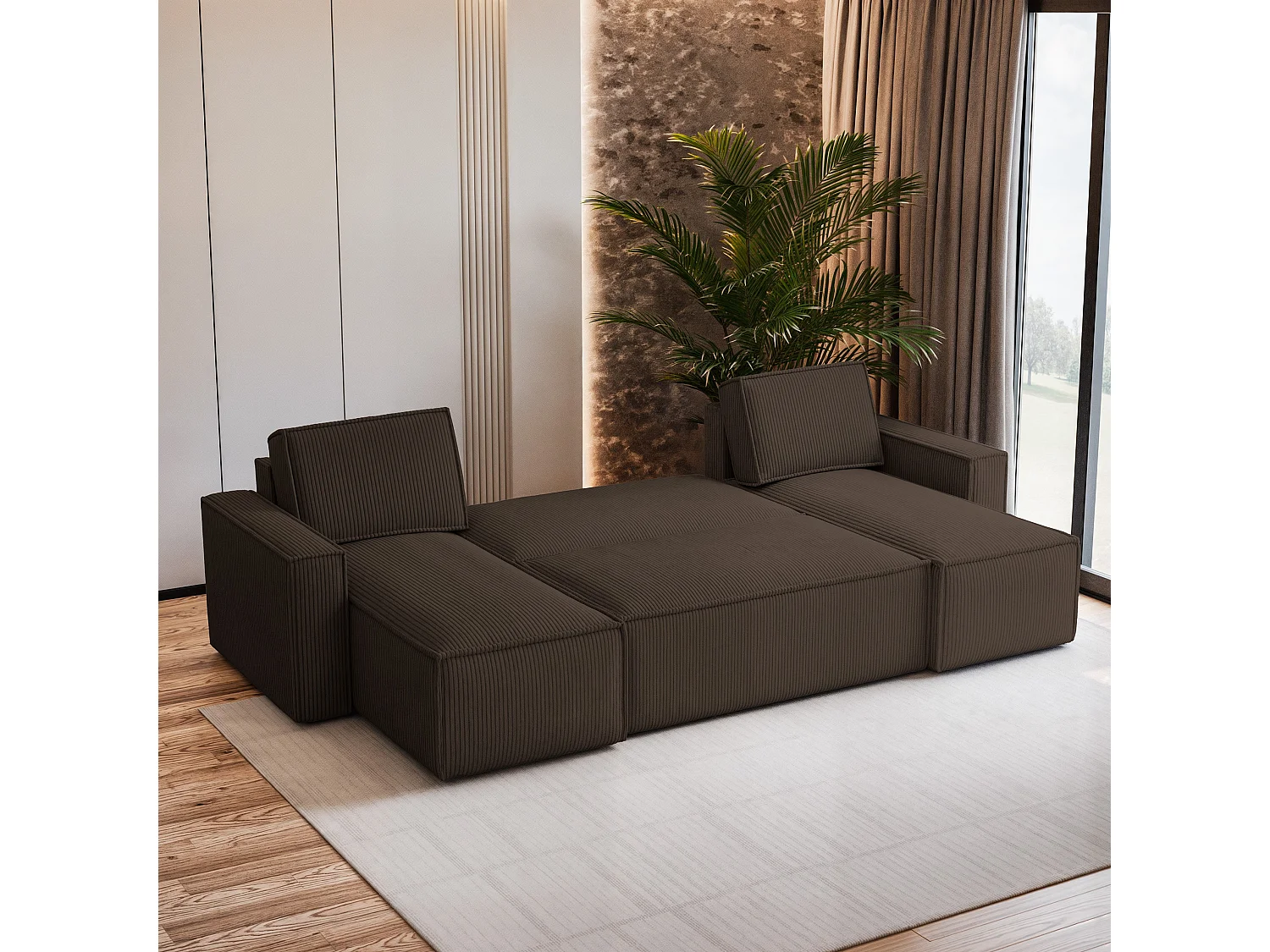 Canapé d'angle PESANO Marron en velours côtelé avec fonction de couchage