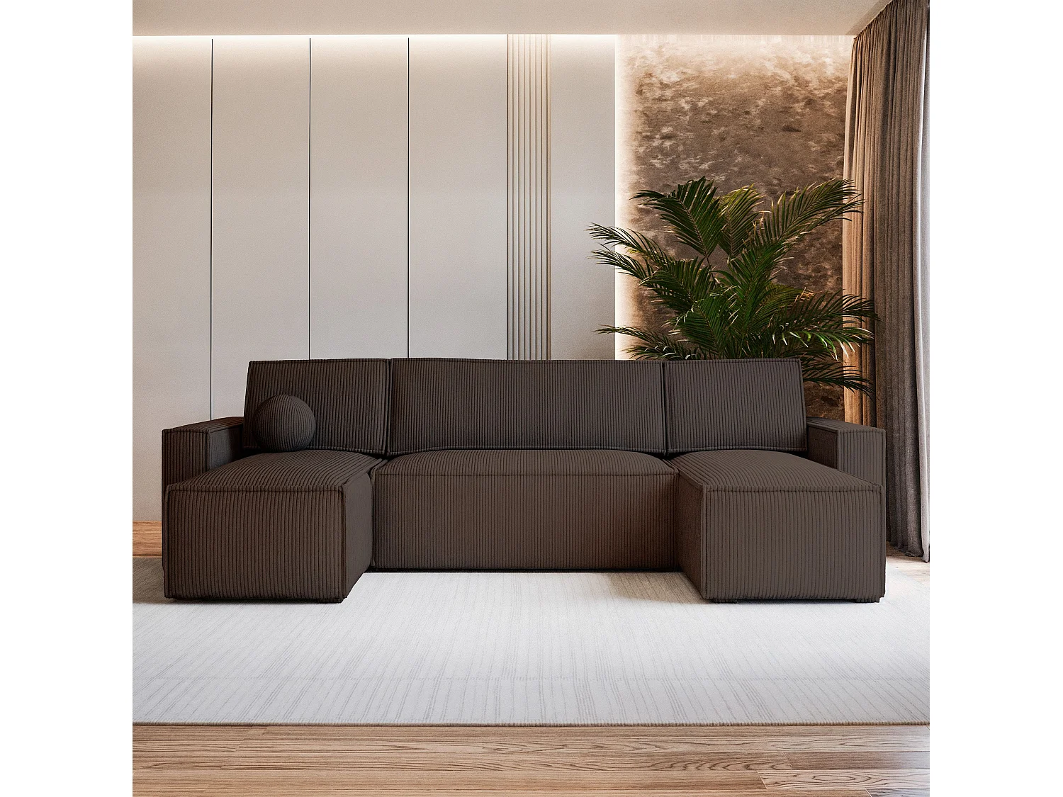 Canapé d'angle PESANO Marron en velours côtelé avec fonction de couchage