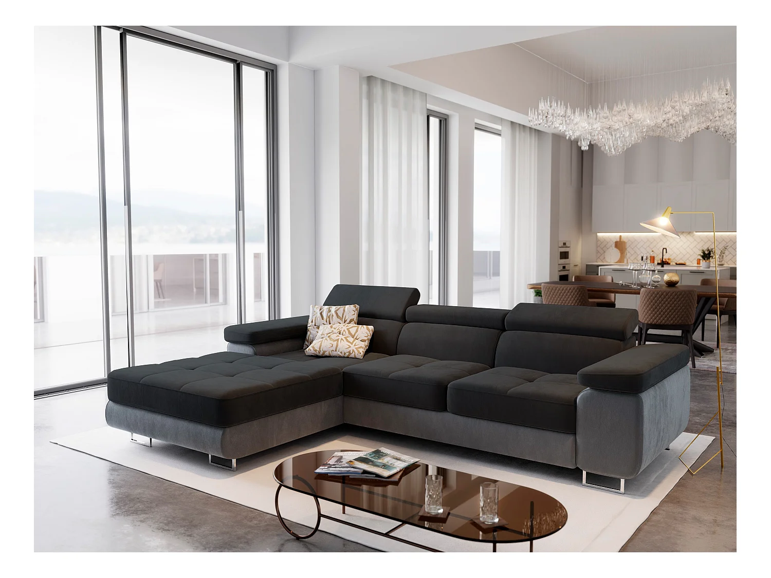 Canapé d'angle ELMA Noir en velours avec fonction de couchage