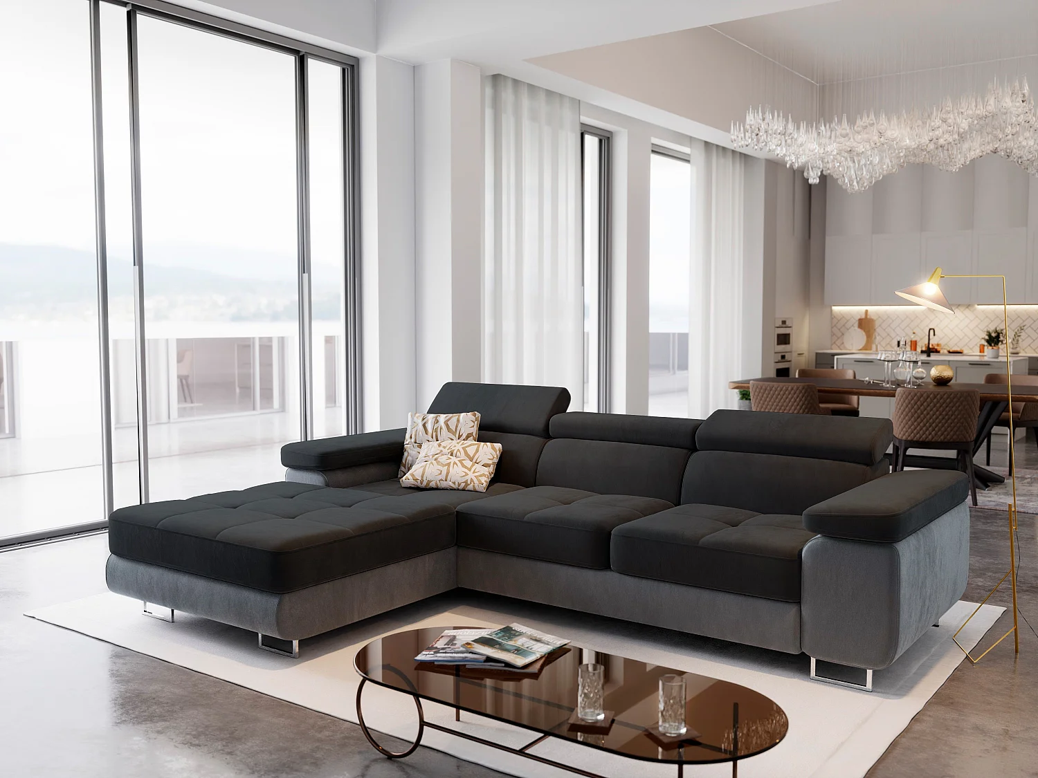 Canapé d'angle ELMA Noir en velours avec fonction de couchage