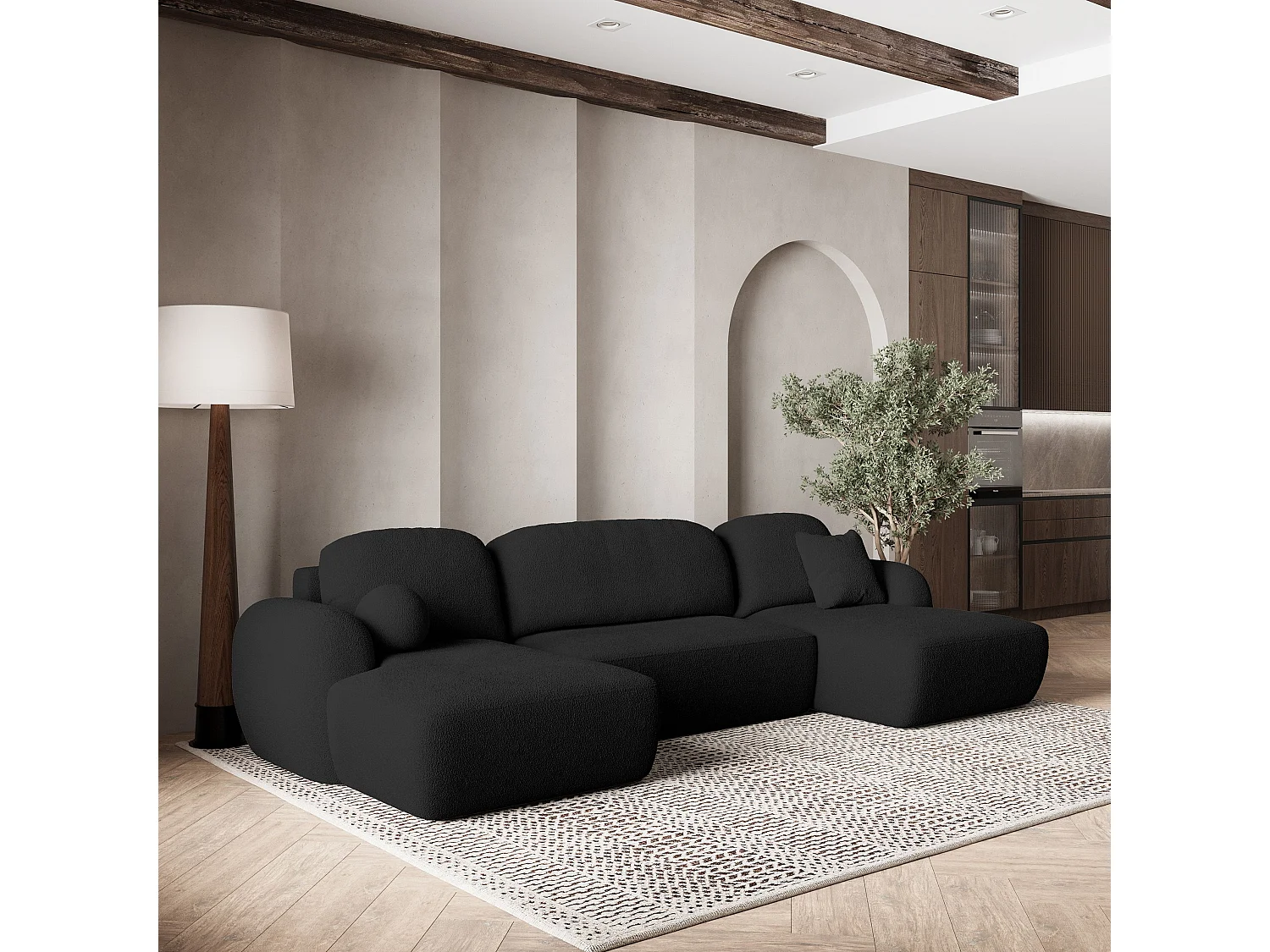 Canapé d'angle SAVONA Noir en bouclé avec fonction de couchage