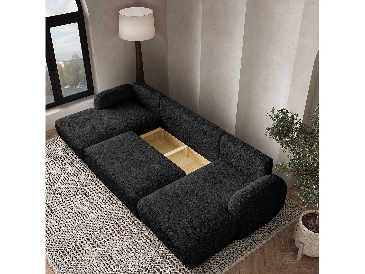 Canapé d'angle SAVONA Noir en bouclé avec fonction de couchage