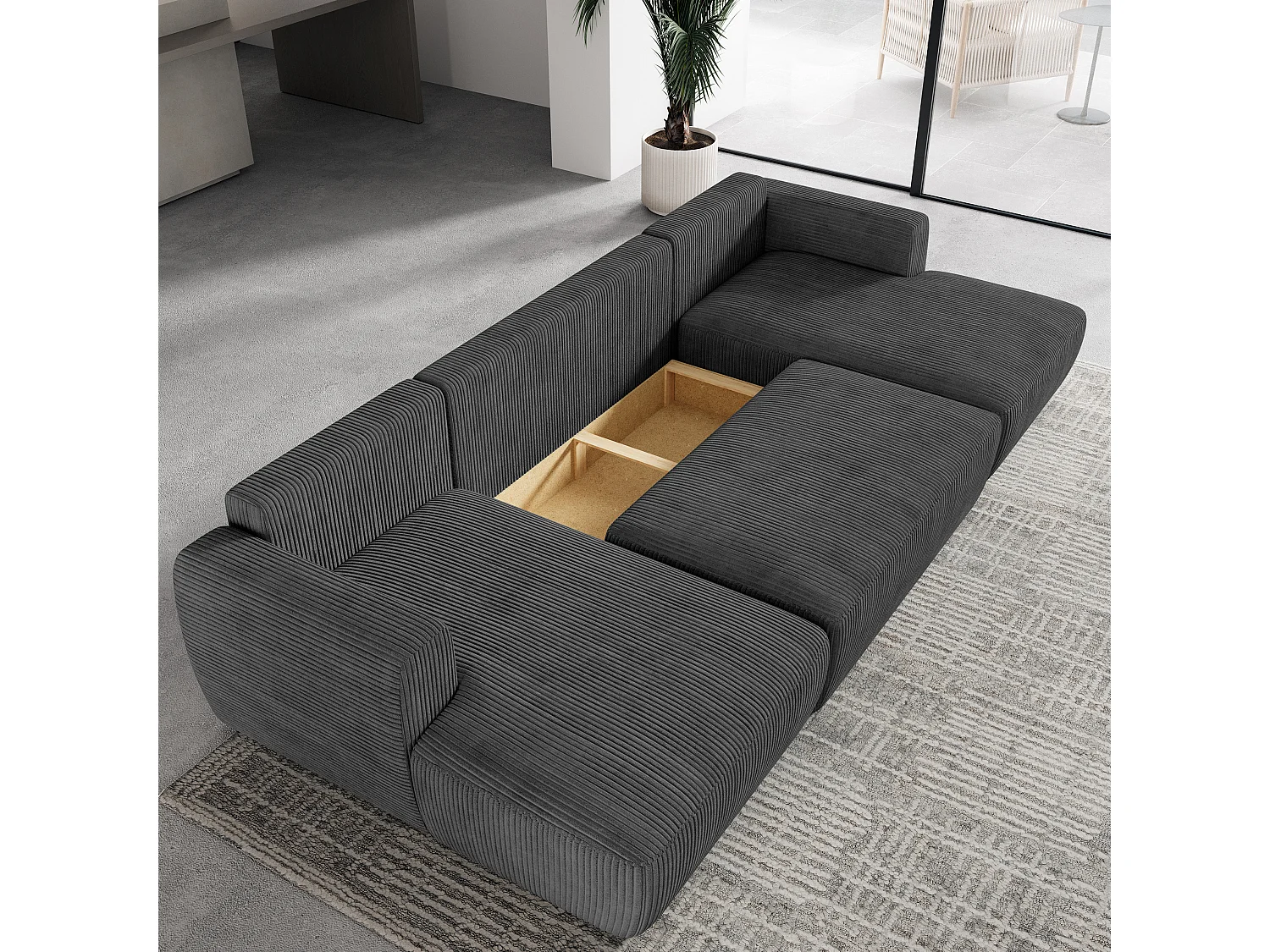 Canapé d'angle SENTUM Gris anthracite en velours côtelé avec fonction de couchage