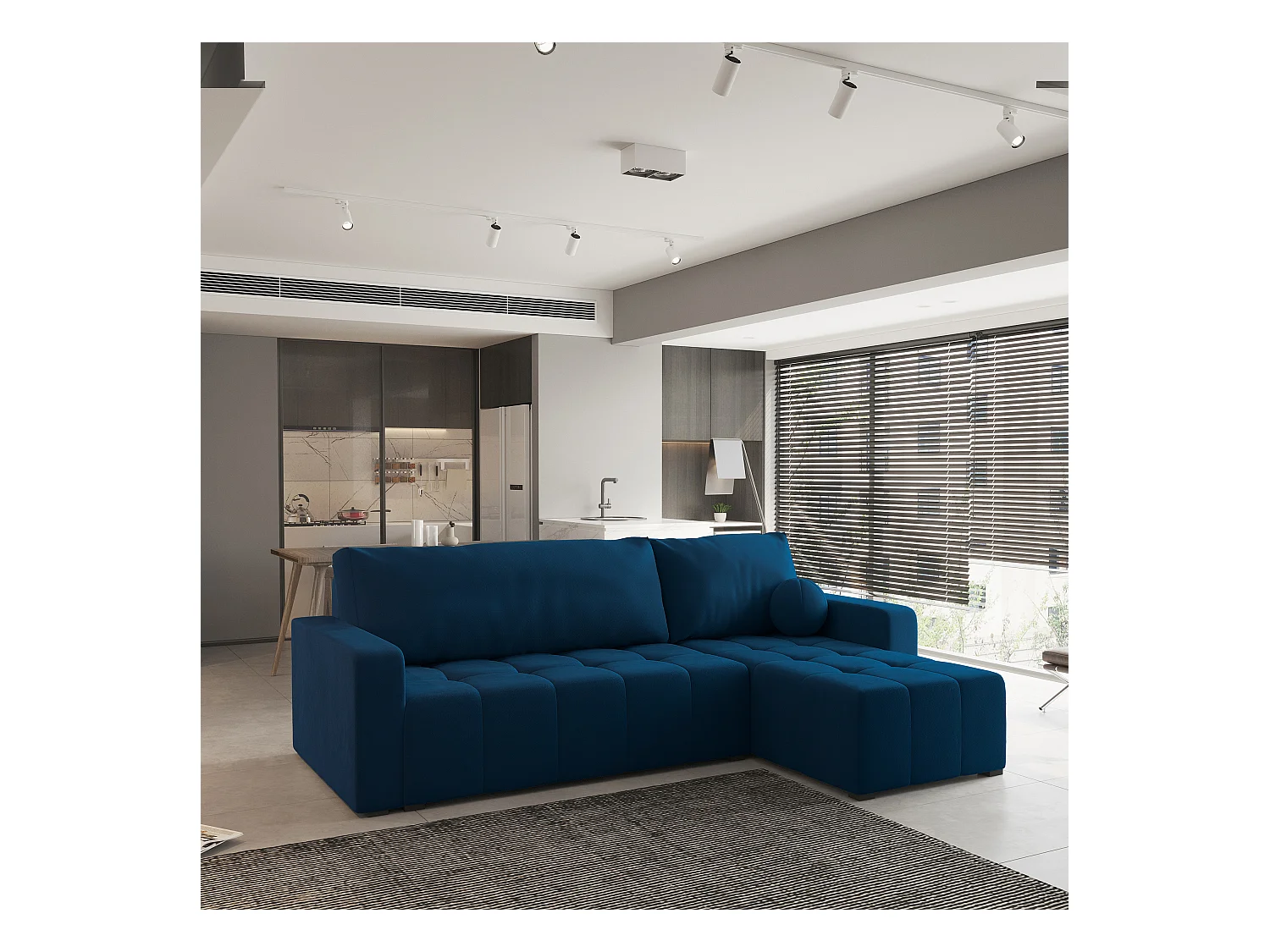 Canapé d'angle VOLIRA Bleu en peluche avec fonction de couchage