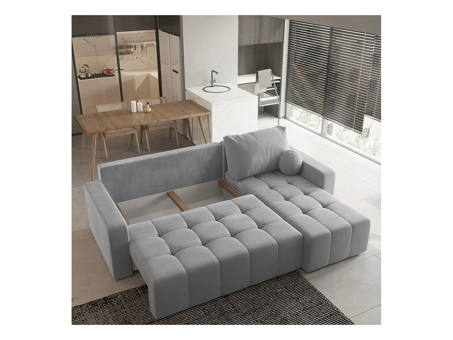 Canapé d'angle VOLIRA Bleu en peluche avec fonction de couchage