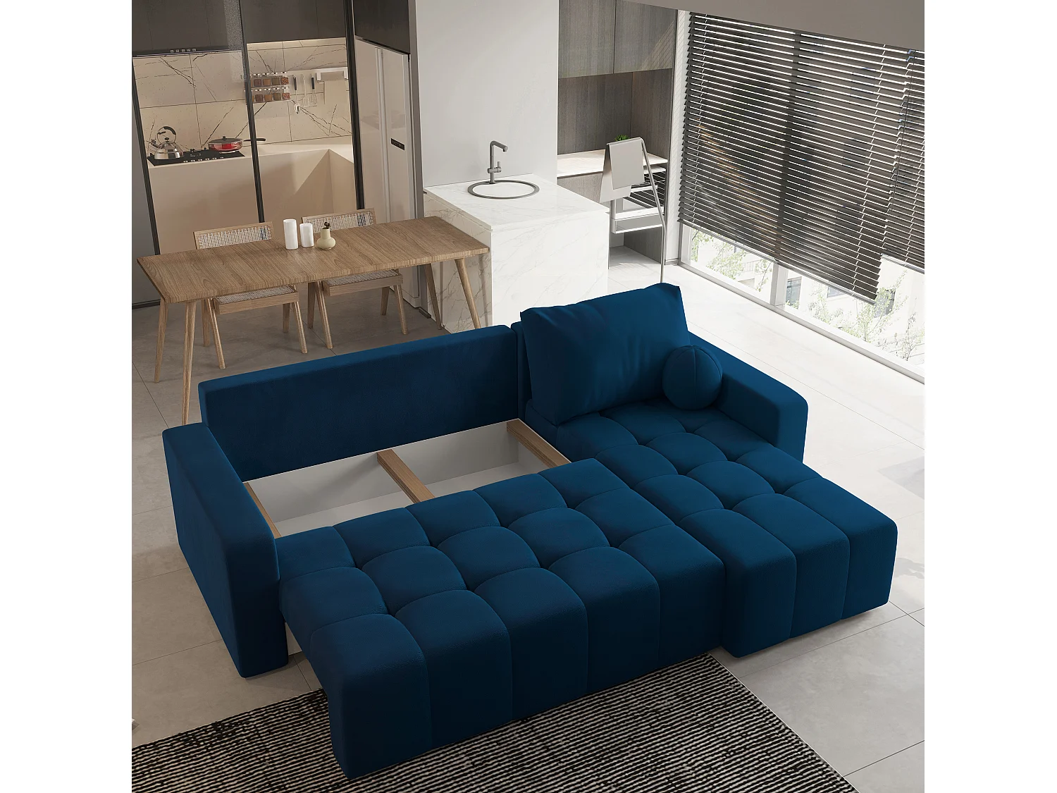 Canapé d'angle VOLIRA Bleu en peluche avec fonction de couchage